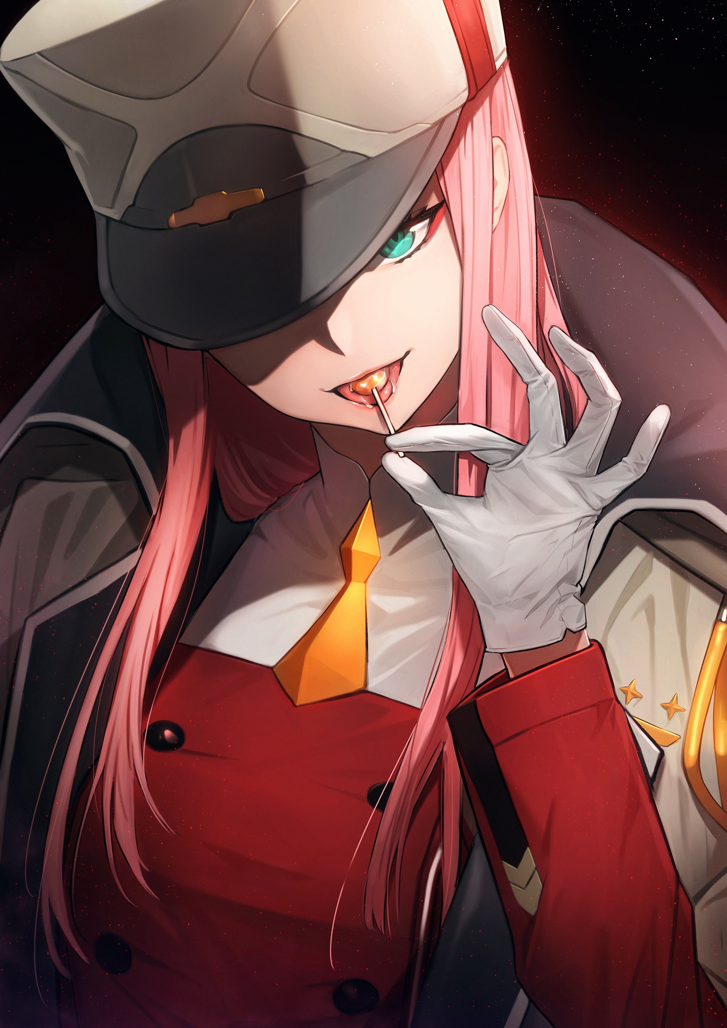 motor vehicle, lollipop, people, hat, darling in the franxx, human face, Anime, glove, red, zero two, covering, 2K, men, safety, clothing, transportation, Phone HD Wallpaper