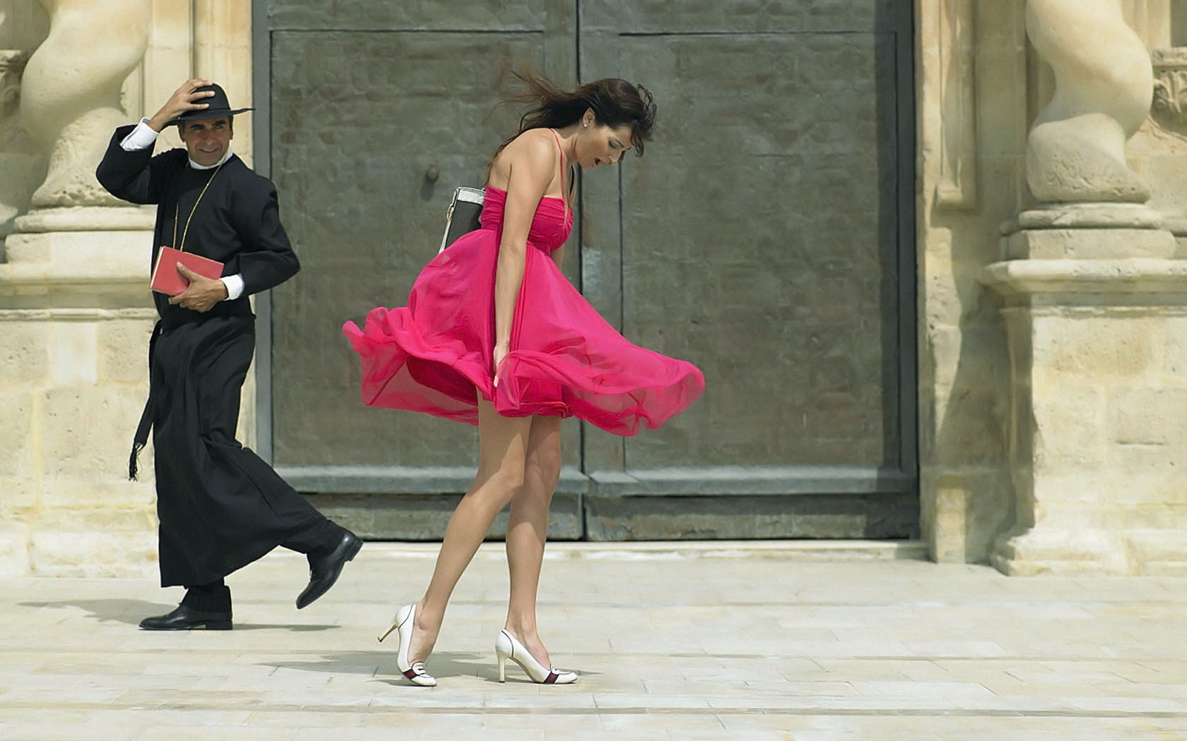 brunette, performer, pink dress, females, men, rear view, waltzing, summer, windy, dancer, books, pink, architectural column, dress, standing, 720P, young Adult, HD Wallpaper