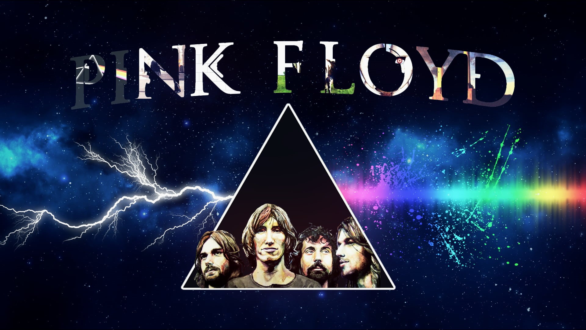 illustration, representation, blue, outdoors, celebration, triangle, sky, Pink Floyd, male likeness, rainbows, night, 1080P, dark, built structure, illuminated, HD Wallpaper