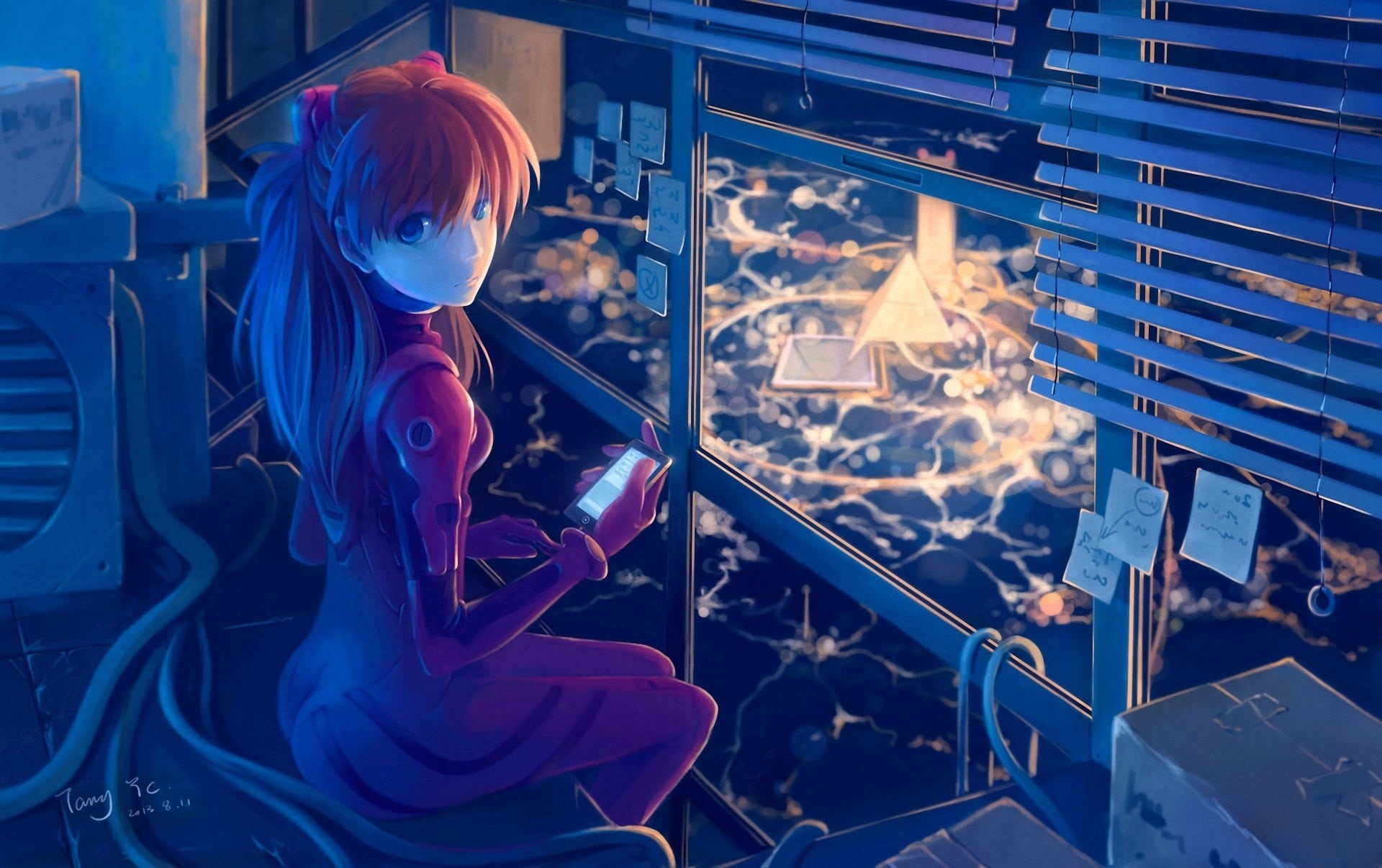 men, women, blue, female, indoors, child, Neon Genesis Evangelion, females, leisure activity, one person, Asuka Langley Soryu, glass - material, lifestyles, HD Wallpaper