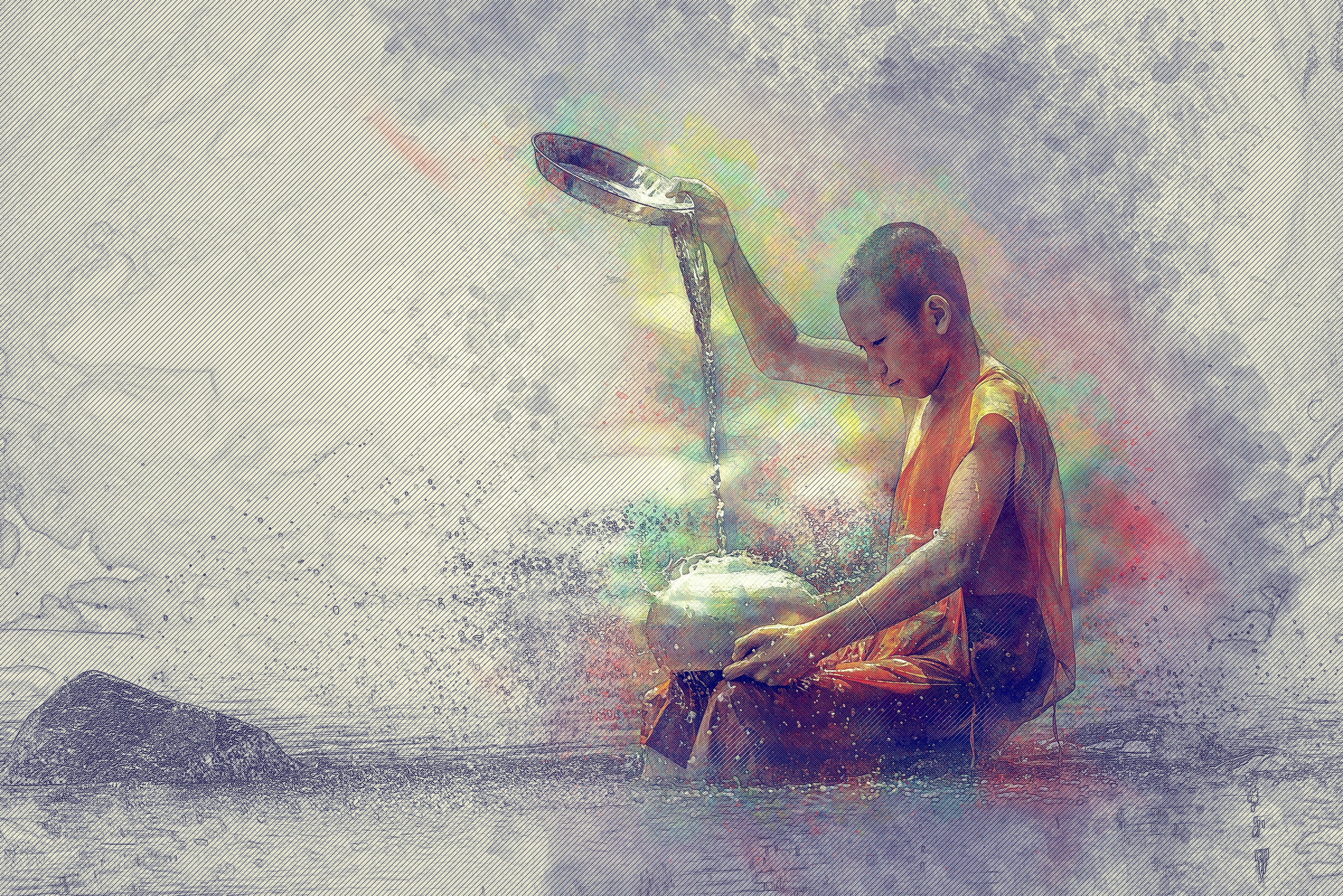 spiritual, real people, container, gold, women, one person, faith, photo art, peace, clothing, digital manipulation, adult, boy, the lord, holi, water, HD Wallpaper