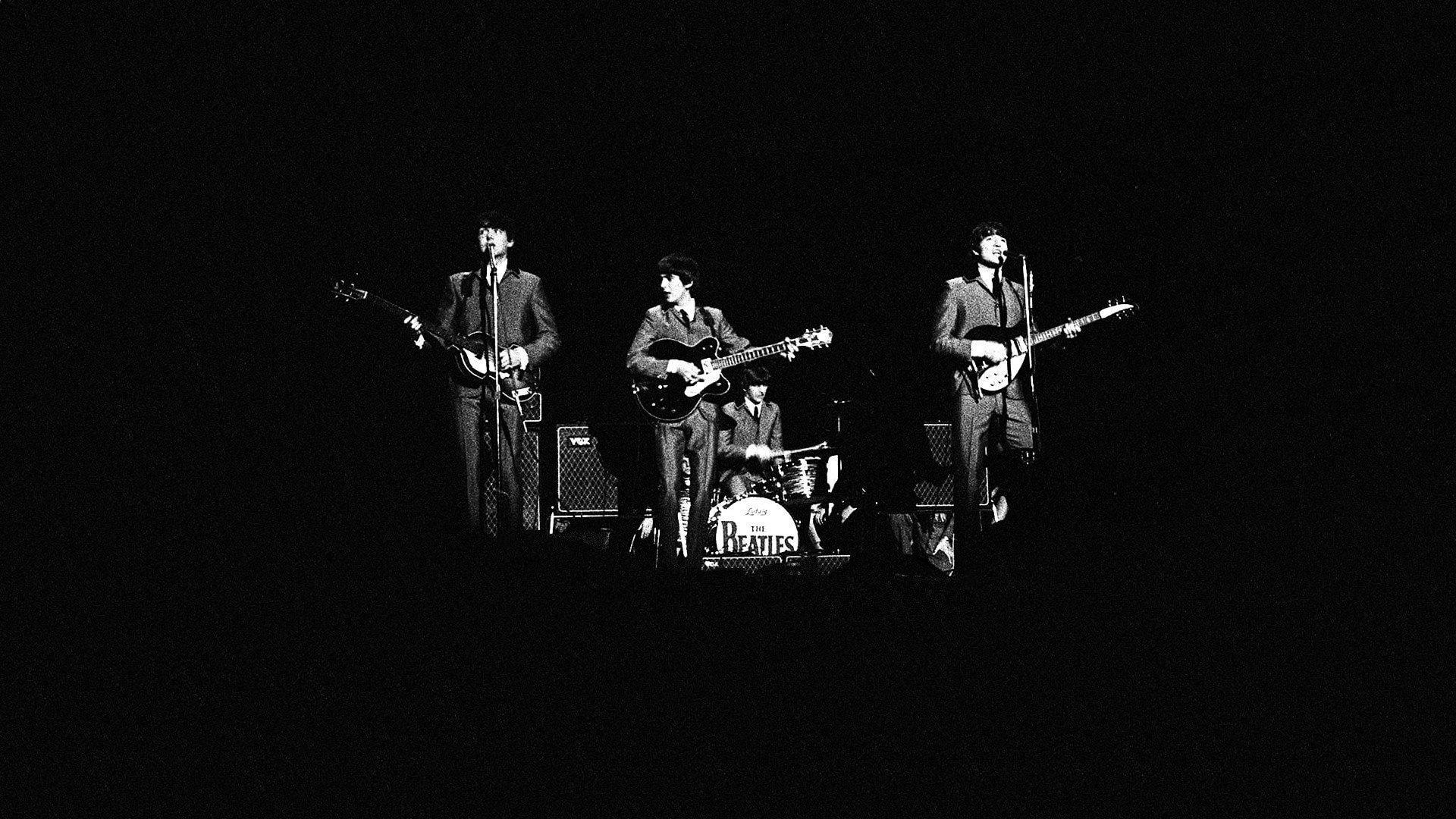 black background, guitar, Band (Music), men, 1080P, performing arts event, rock music, people, real people, The Beatles, group of people, music, musician, HD Wallpaper