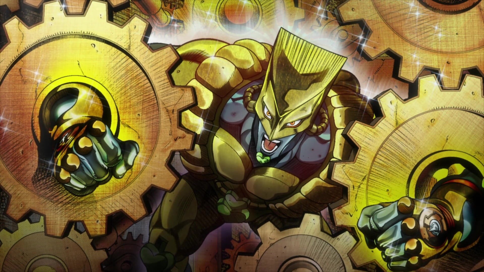 no people, metal, pattern, wheel, 1080P, illustration, character, creativity, The World, day, large group of objects, yellow, JoJos Bizarre Adventure: Stardust Crusaders, HD Wallpaper