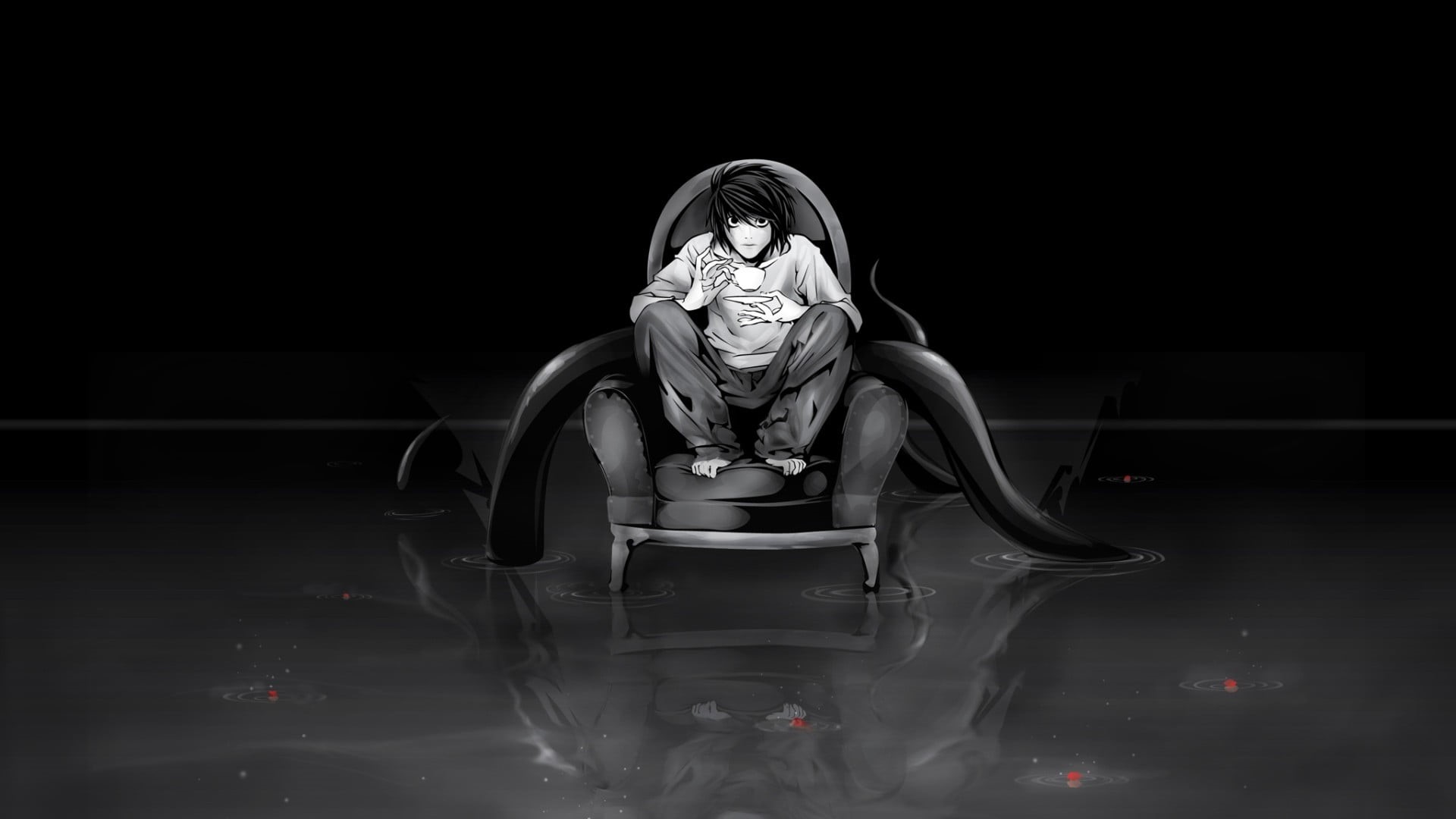 water, Lawliet L, representation, indoors, lifestyles, young women, art and craft, reflection, monochrome, women, note, hood, portrait, Death Note, looking at camera, HD Wallpaper