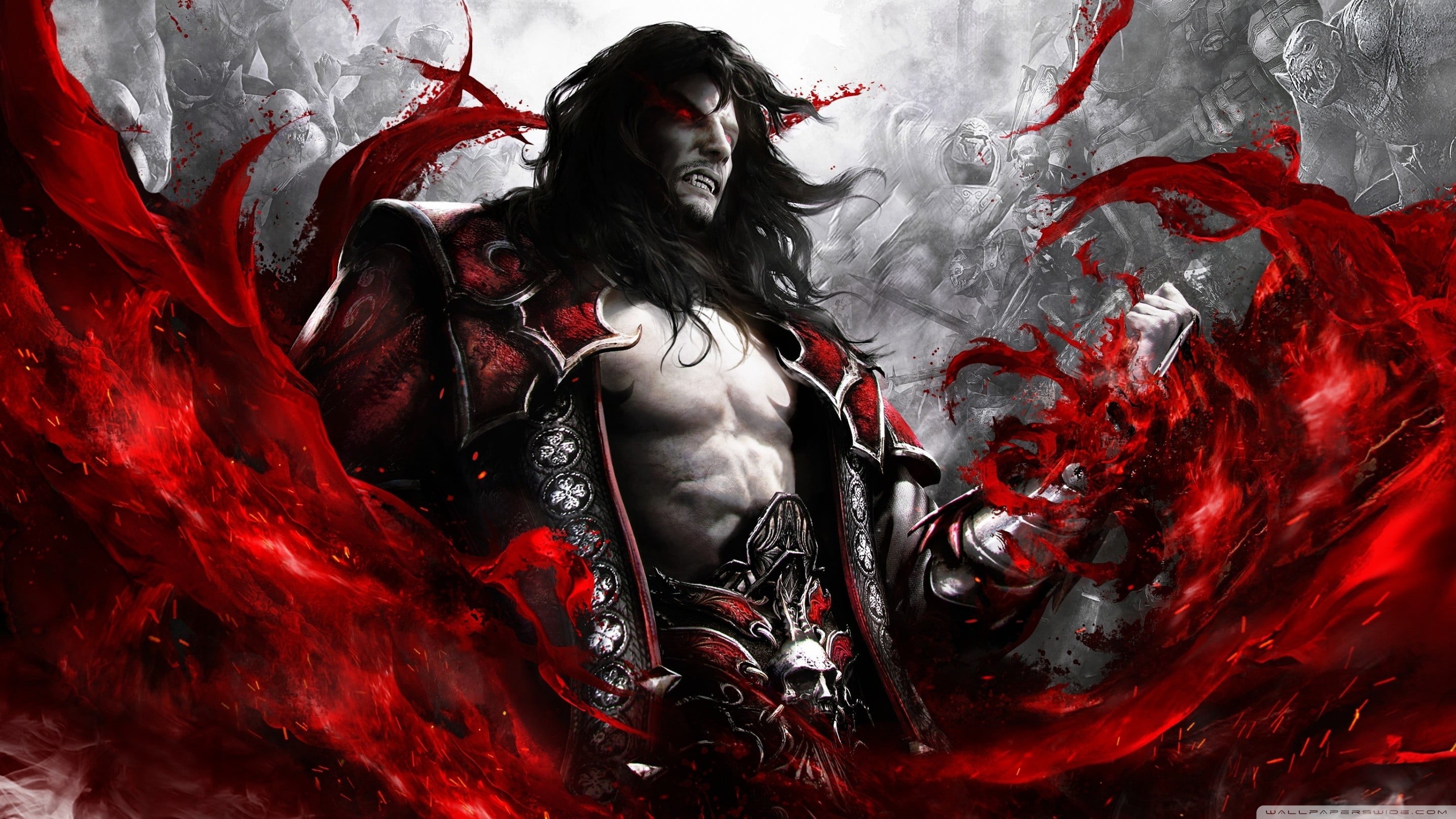 real people, creativity, clothing, red, women, costume, indoors, front view, adult, fashion, one person, Castlevania, video games, black background, three quarter length, HD Wallpaper