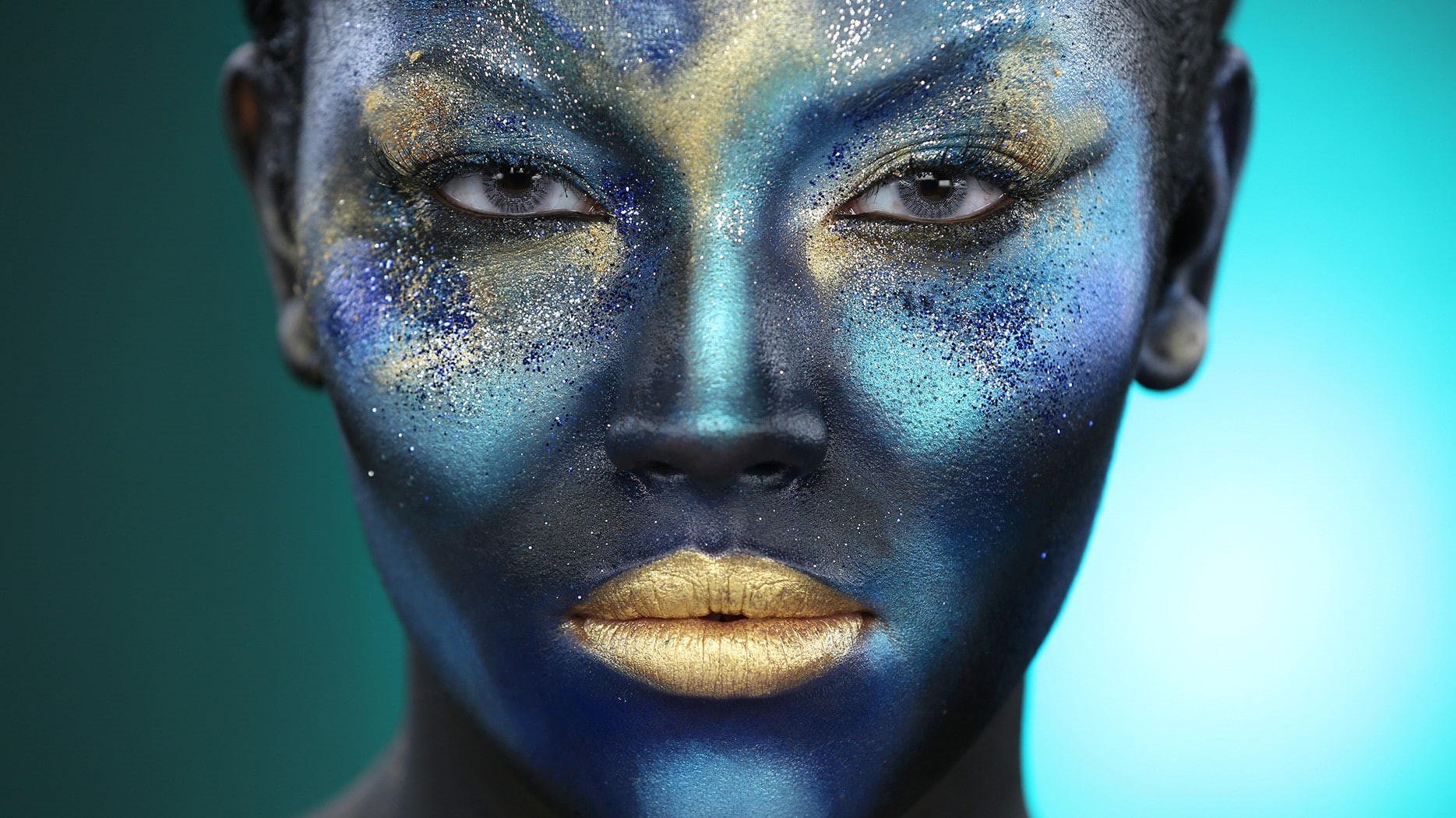 front view, looking at camera, beautiful woman, body part, face paint, adult, young adult, glitter, makeup, blue, headshot, human face, face, make-up, human body part, HD Wallpaper
