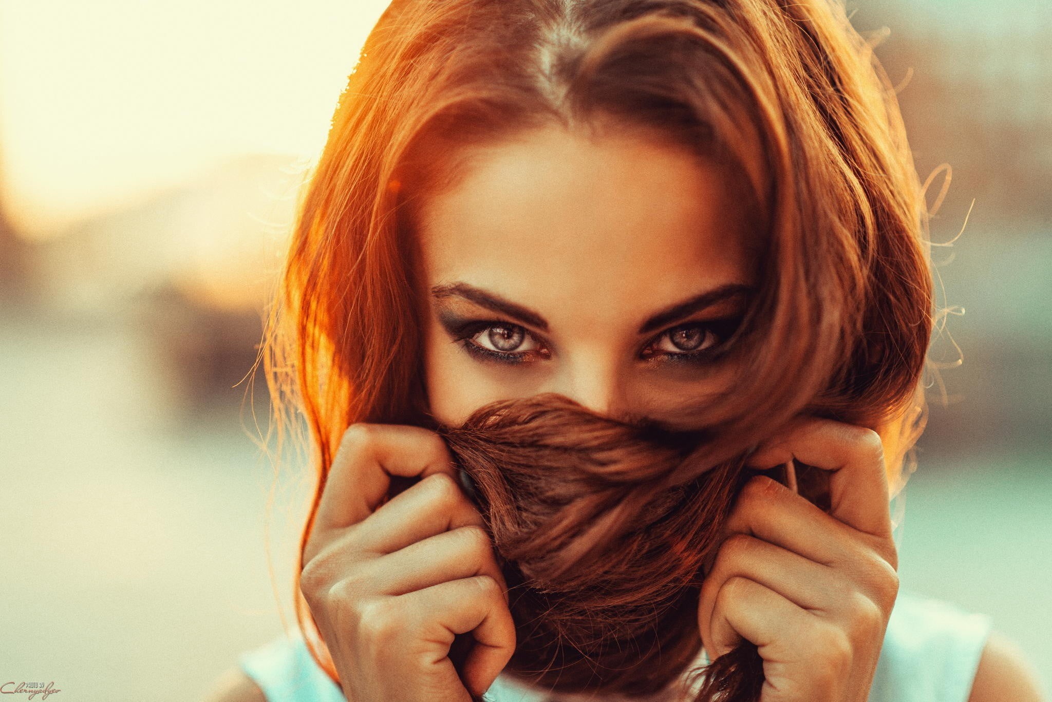 young adult, scarf, focus on foreground, model, looking at viewer, young women, portrait, s, headshot, eyes, black, makeup, looking at camera, women, redhead, HD Wallpaper