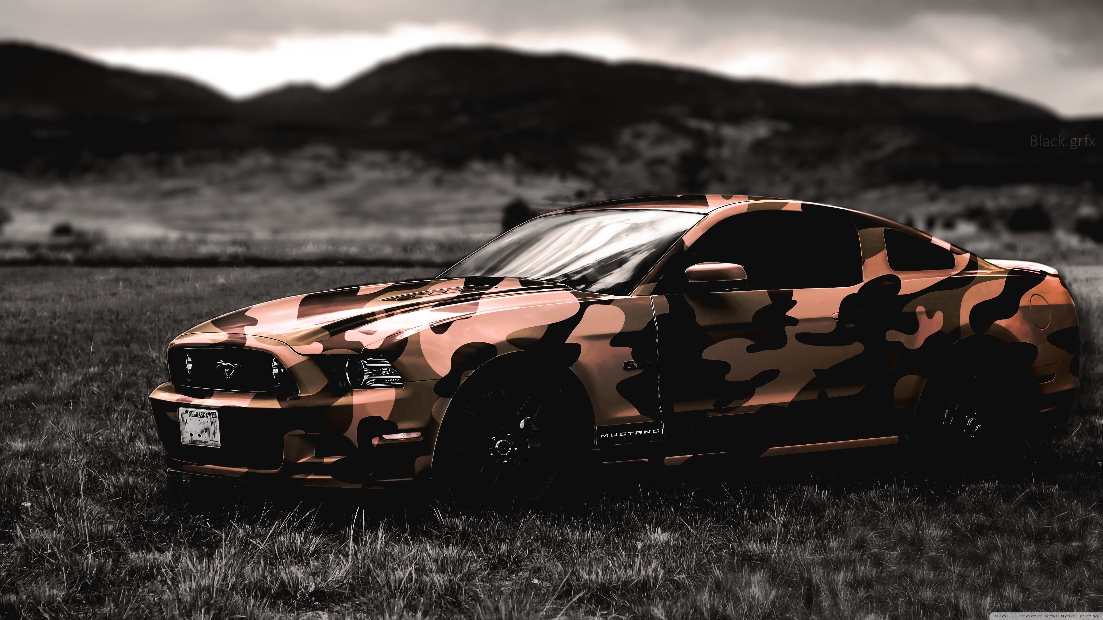 motor vehicle, focus on foreground, sky, black, army, Ford Mustang, brown, mode of transportation, field, 4K, day, Ford, mountain range, pink, transportation, HD Wallpaper