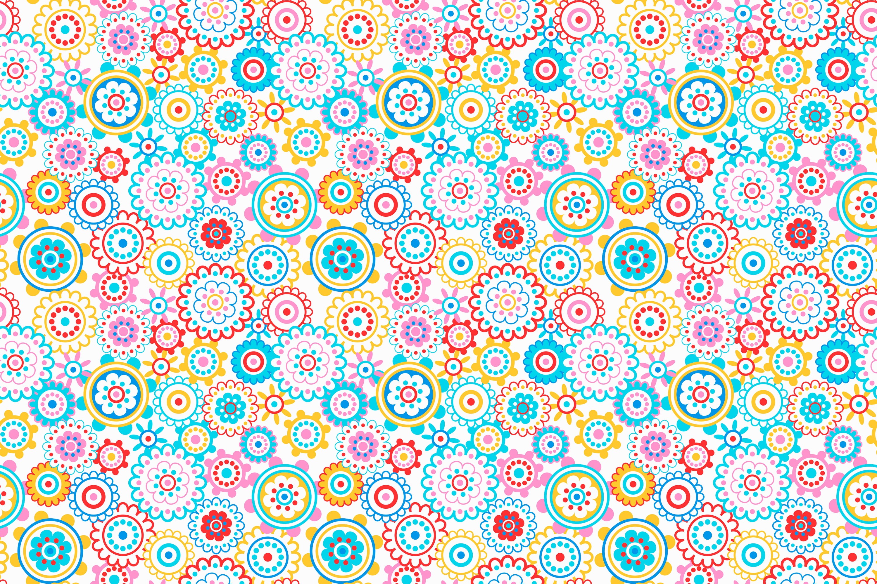 backgrounds, floral, 2K, shape, textile, collection, flowers, geometric shape, repetition, abundance, multi colored, circle, multicolored, large group of objects, HD Wallpaper