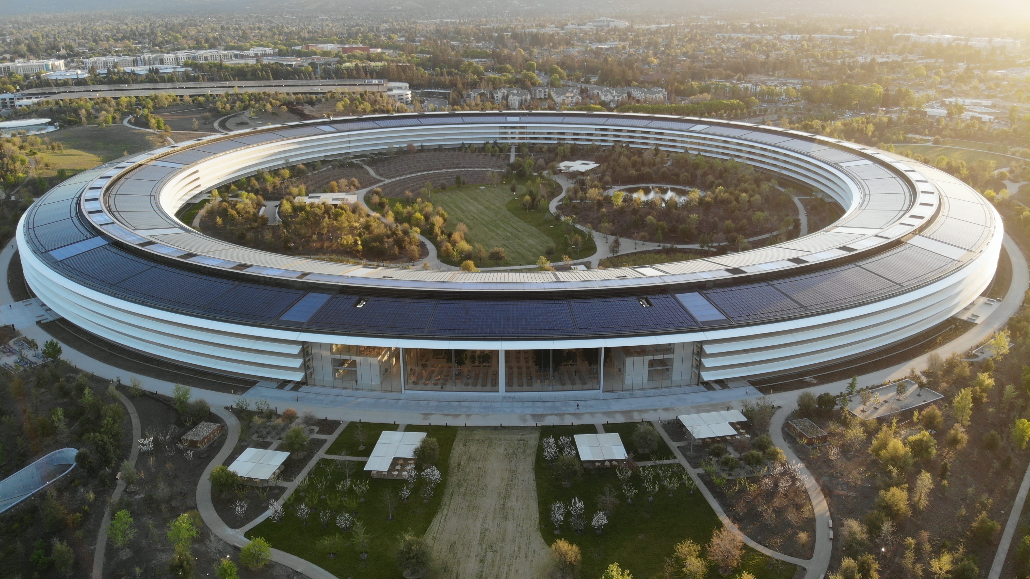 round, tree, building exterior, built structure, apple, apple park, apple hq, fish-eye lens, black, 4K, motor vehicle, road, city, drone view, high angle view, HD Wallpaper