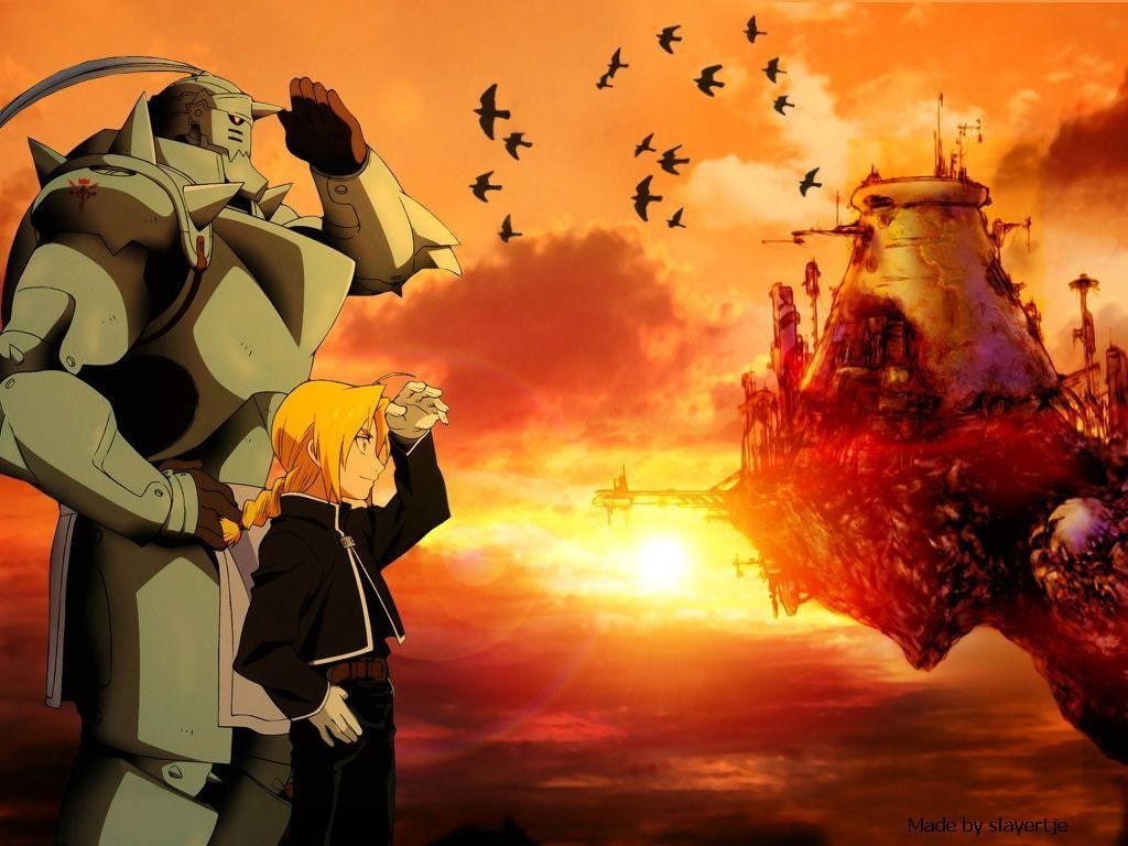 Elric Edward, built structure, 480P, cloud - sky, architecture, flock of birds, uniform, technology, Elric Alphonse, sunset, sky, animal wildlife, real people, HD Wallpaper