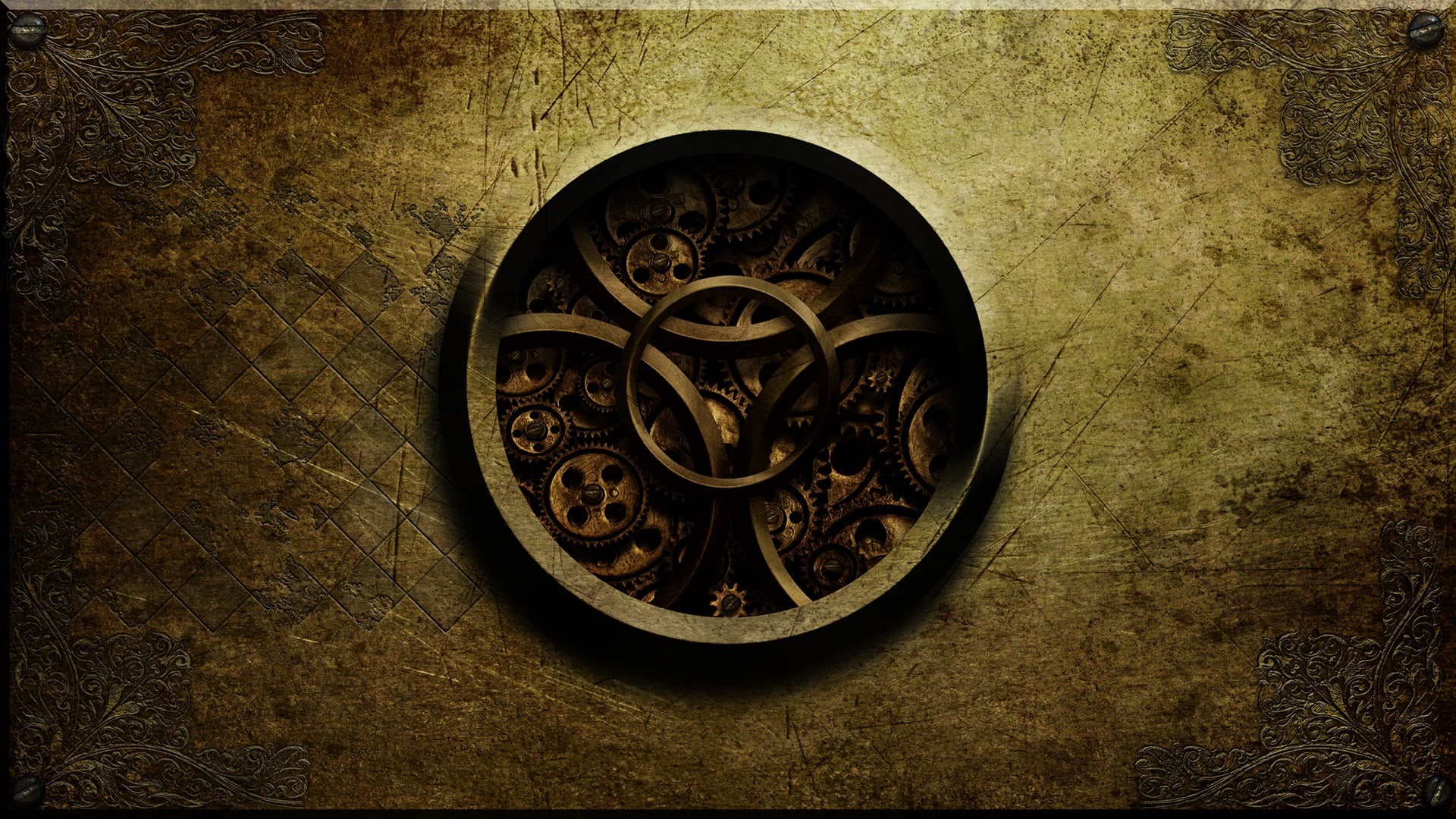 metal, gears, clockwork, design, mechanics, 1080P, steampunk, ornate, geometric shape, round, old, illustration, carving - craft product, art and craft, HD Wallpaper