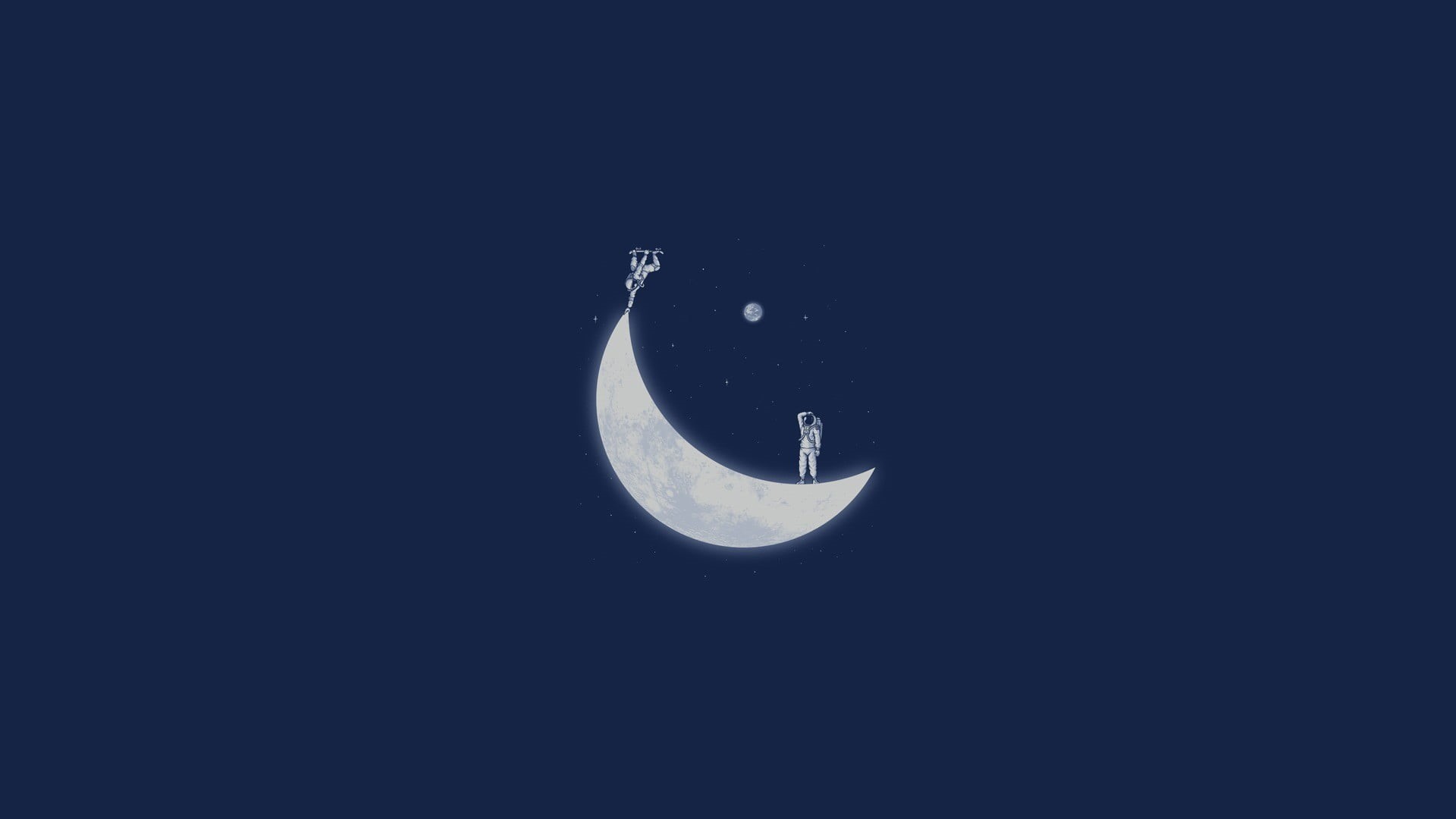 clear sky, crescent, outdoors, sky, eclipse, copy space, illustration, planetary moon, night, stars, low angle view, astronaut, blue, astronomy, beauty in nature, HD Wallpaper