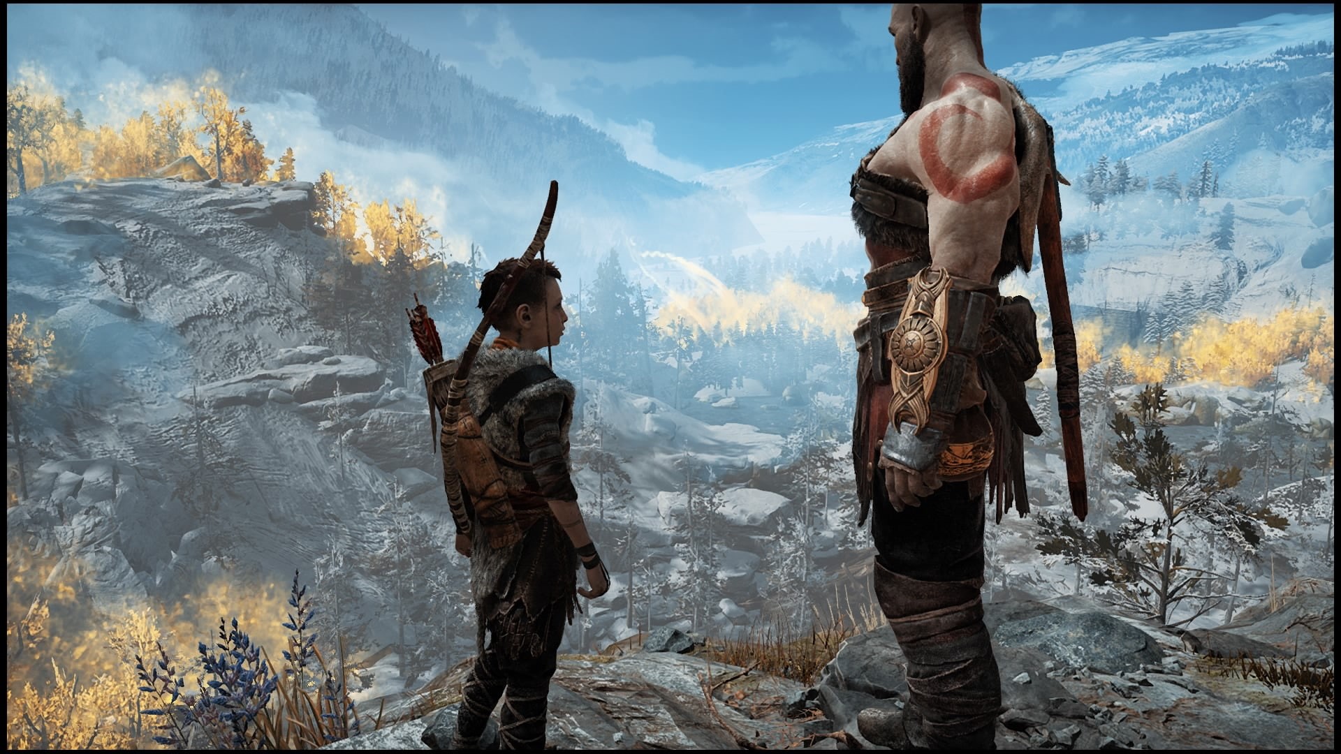 holding, 1080P, sky, Kratos, nature, unrecognizable person, water, two people, horned, standing, men, front view, lifestyles, weapon, God of War, God of War (2018), HD Wallpaper