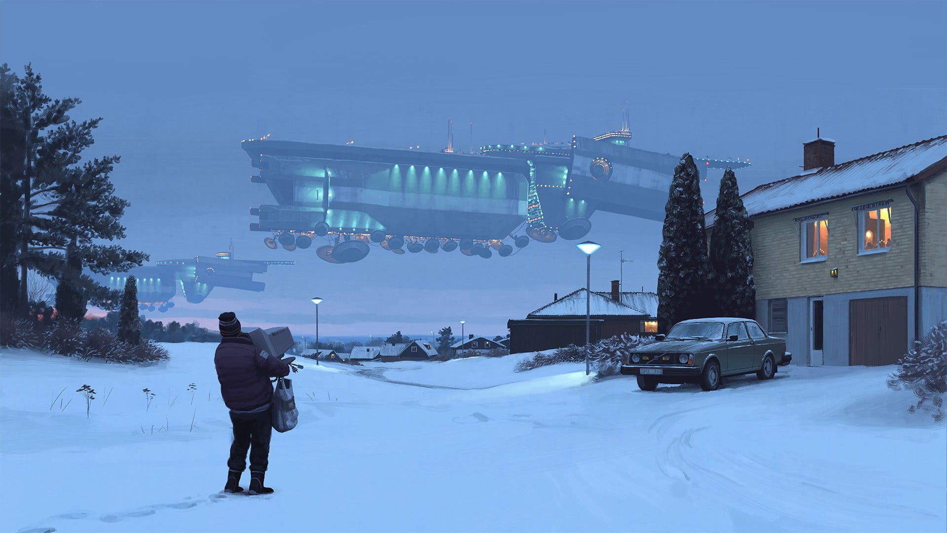 built structure, Simon Stålenhag, blue, winter, black, tree, real people, person, cold temperature, futuristic, transportation, 1080P, illuminated, snow, HD Wallpaper