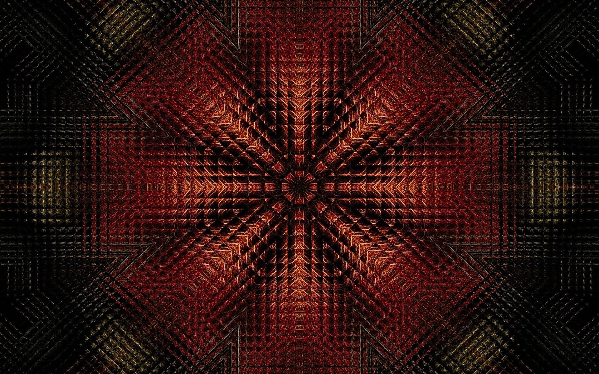 creativity, backgrounds, brown, indoors, optical, black, abstract, red, no people, symmetry, 1080P, illustration, green, pattern, shape, fractal, digital art, HD Wallpaper