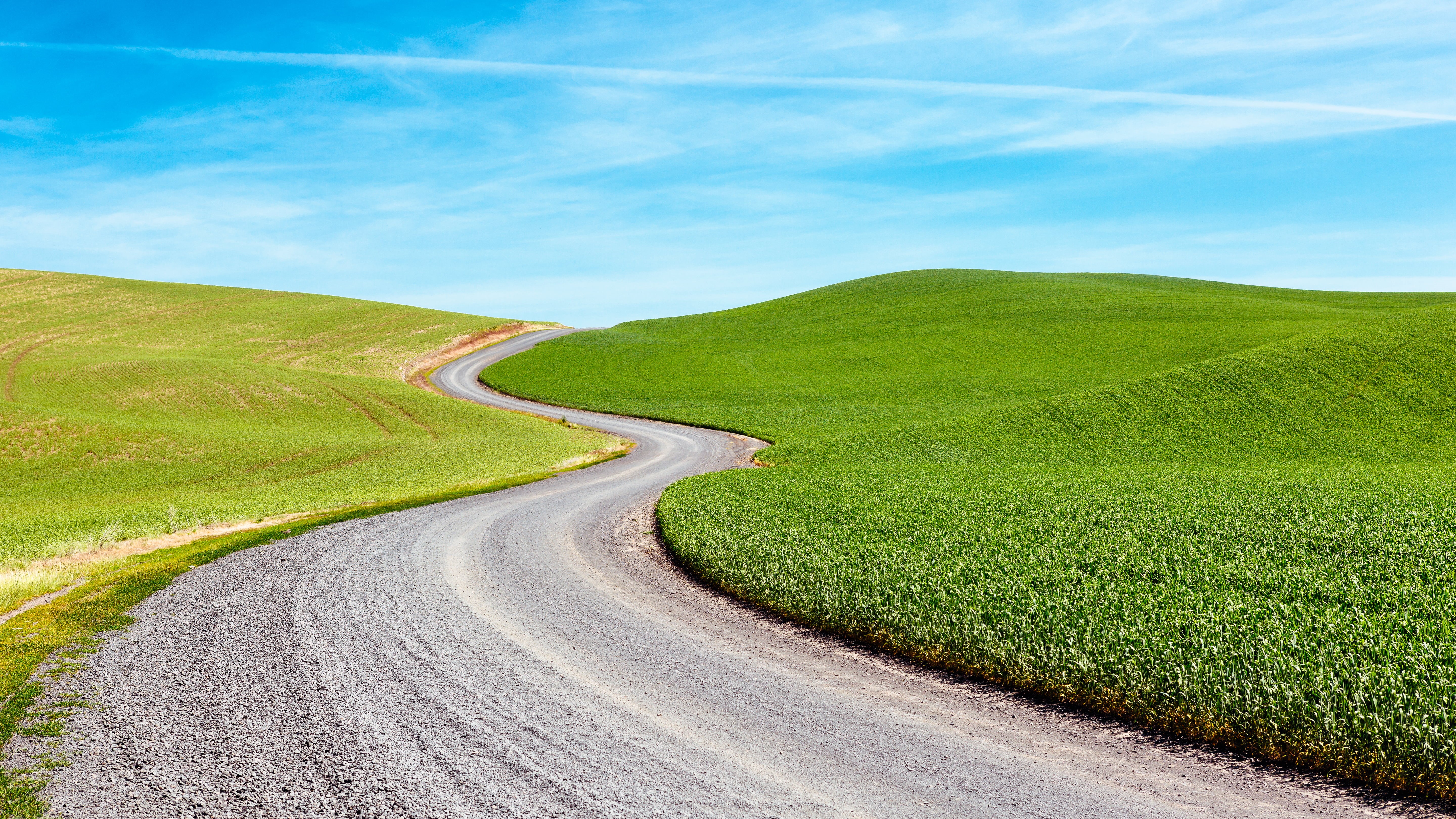 green, f/2, meadow, outdoors, concrete road, field, Pacific Northwest, landscaped, field  hill, 70mm, curve, USM, Canon EOS 5D Mark III, green grass, near, HD Wallpaper