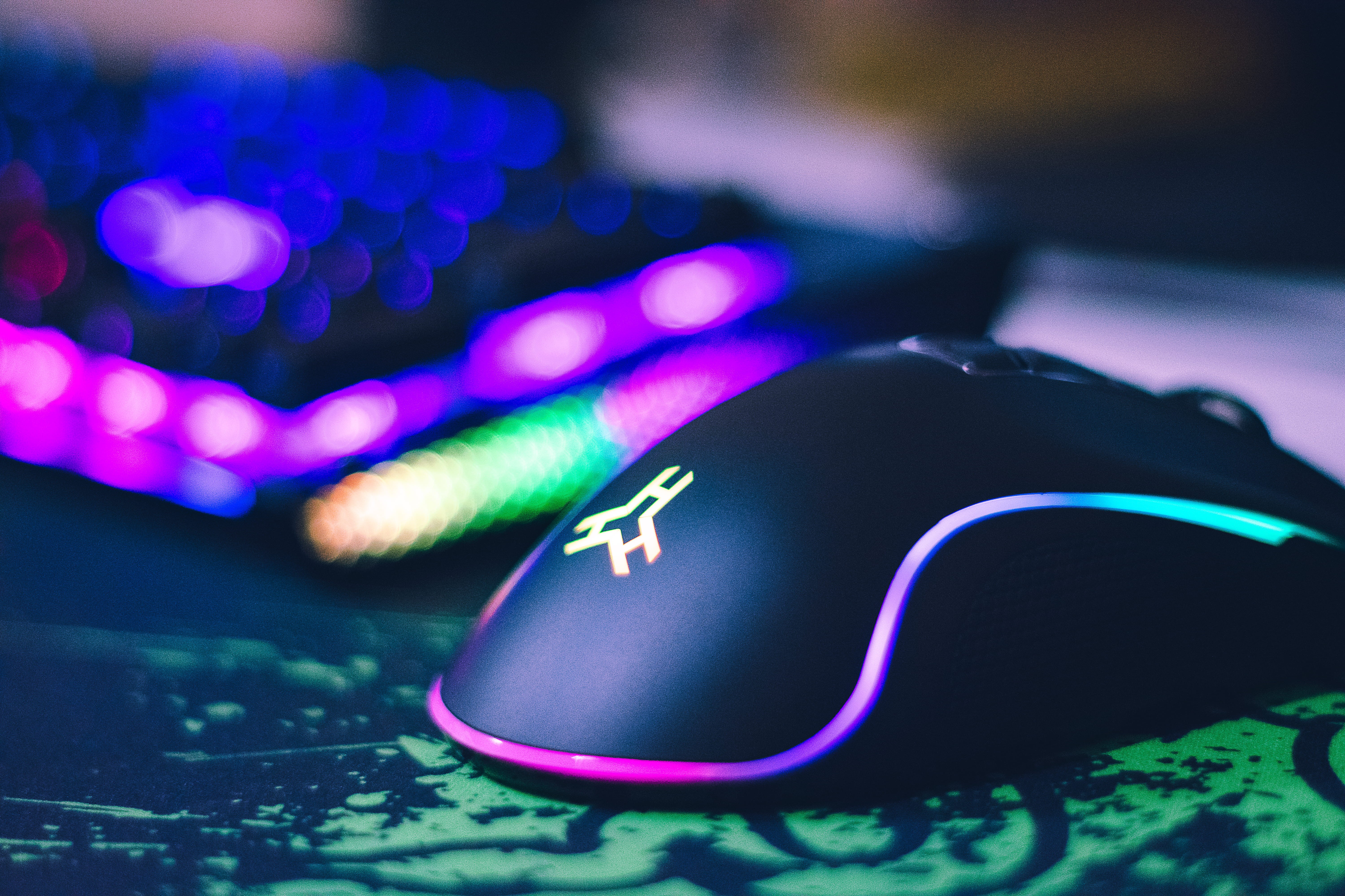 multi colored, lights, close-up, bokeh, bright, gaming, blur, photo, focus on foreground, blue, selective focus, illuminated, focus, 5K, communication, HD Wallpaper
