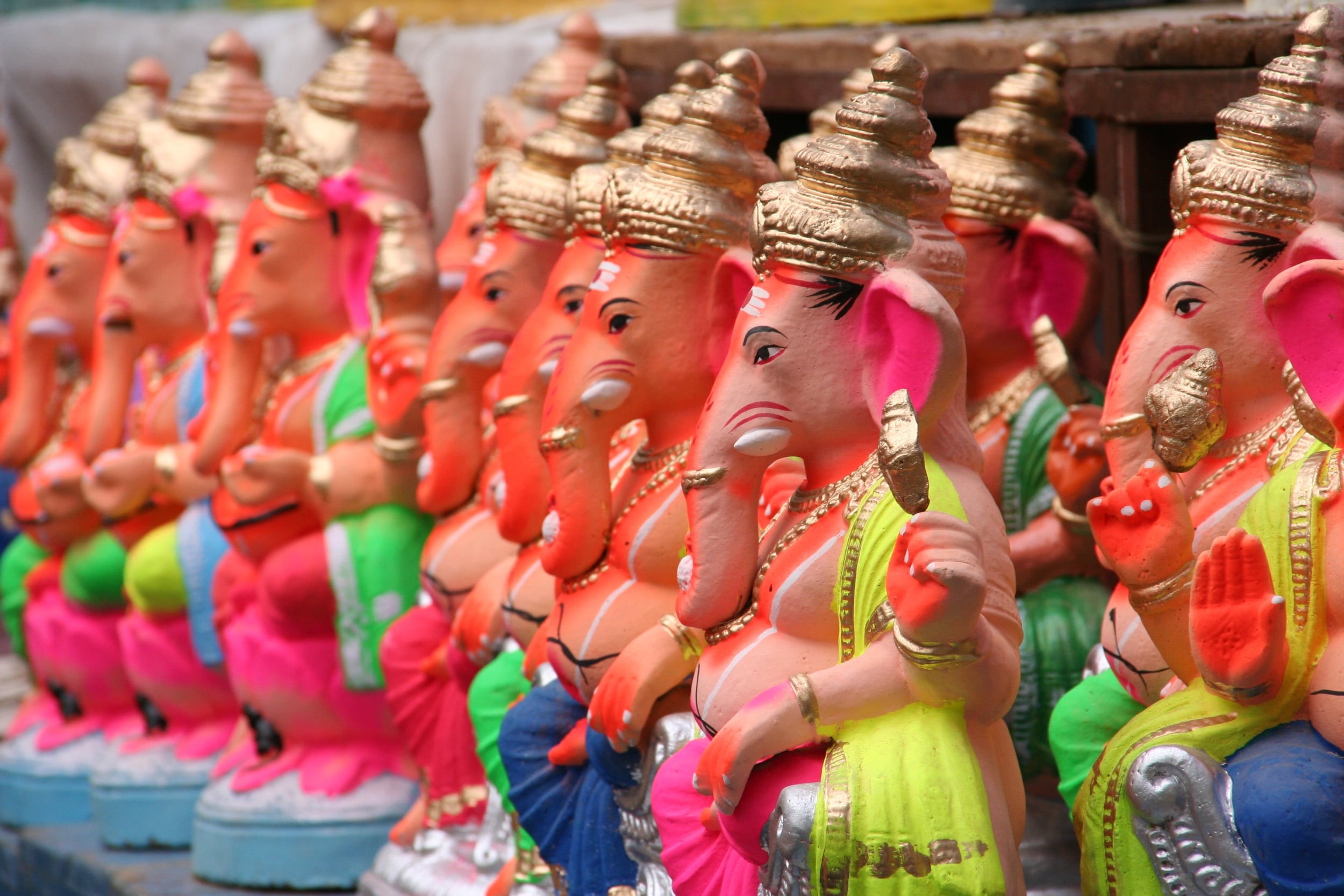 multi colored, Ganesh Chaturthi, market, art and craft, representation, sculpture, human representation, craft, happy, no people, belief, Festivals / Holidays, HD Wallpaper