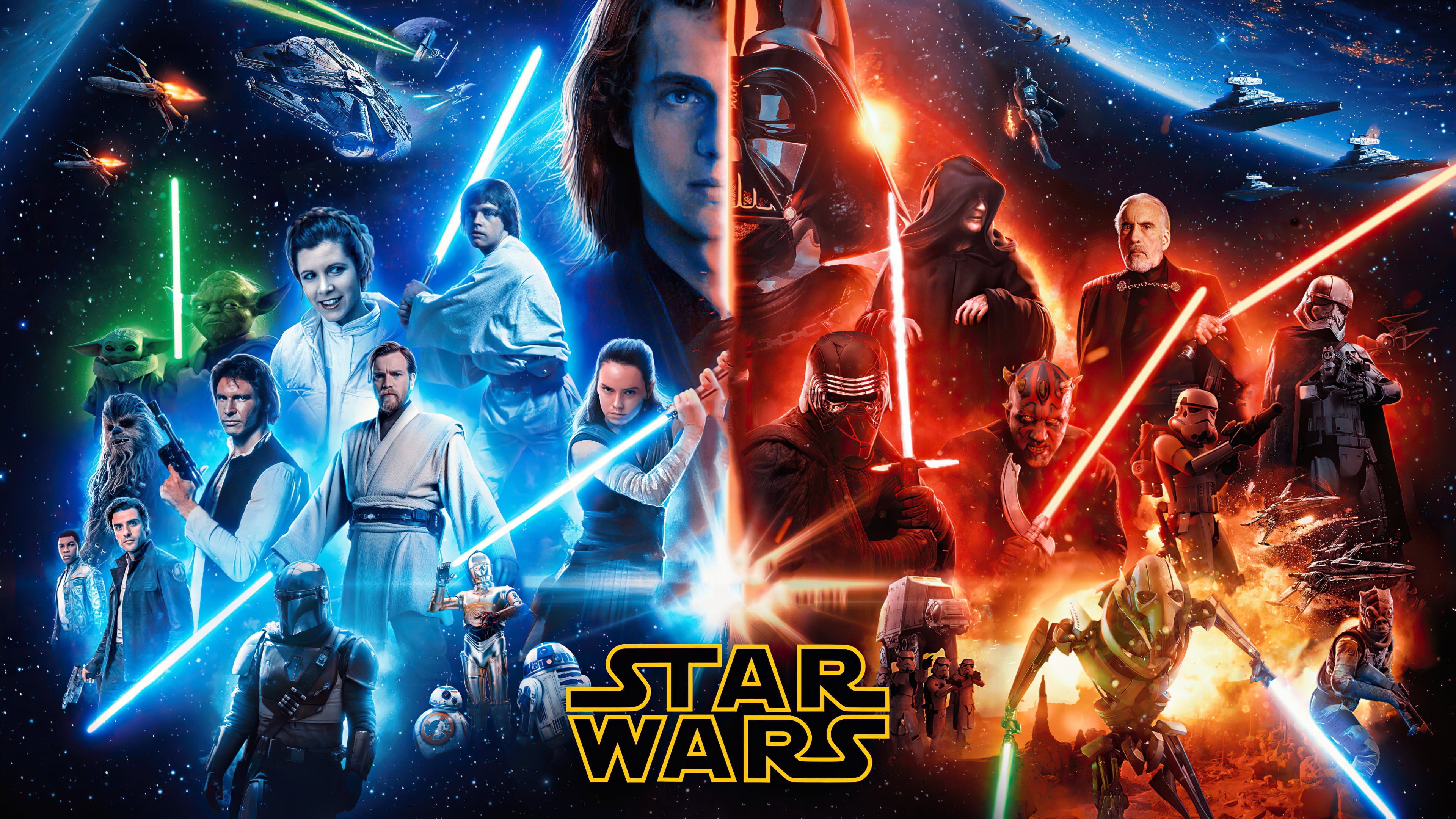 Star Destroyer, Darth Vader, stormtrooper, Finn (Star Wars), Sith, blue, Anakin Skywalker, Yoda, TIE Advanced, movie characters, red, fictional, Jedi, Darth Maul, HD Wallpaper