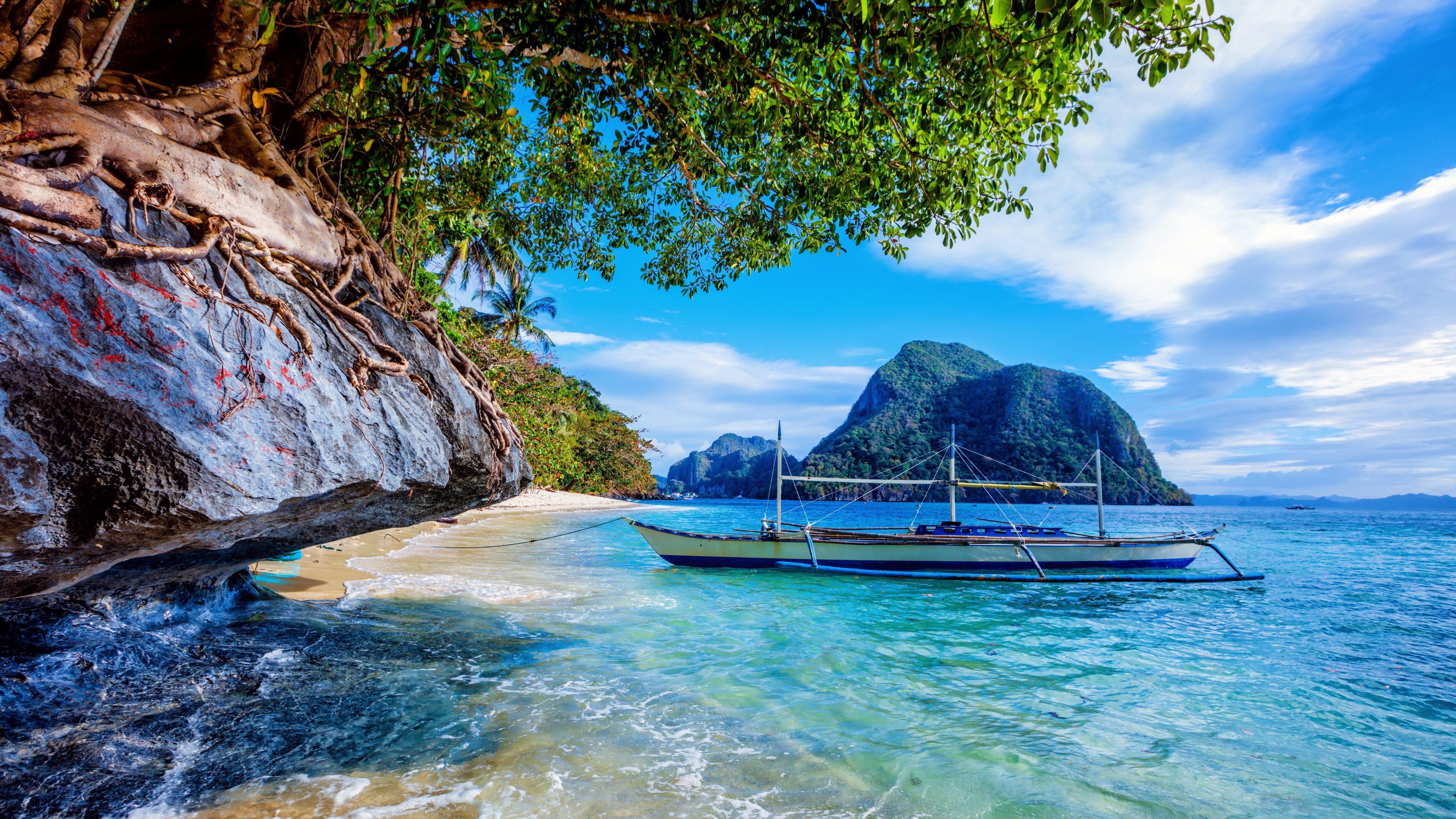 palawan, coast, nature, sea, el nido, tree, tropical, beach, 5K, shore, bay, tourism, summer, turquoise water, exotic, lagoon, sky, ocean, water, tropics, HD Wallpaper