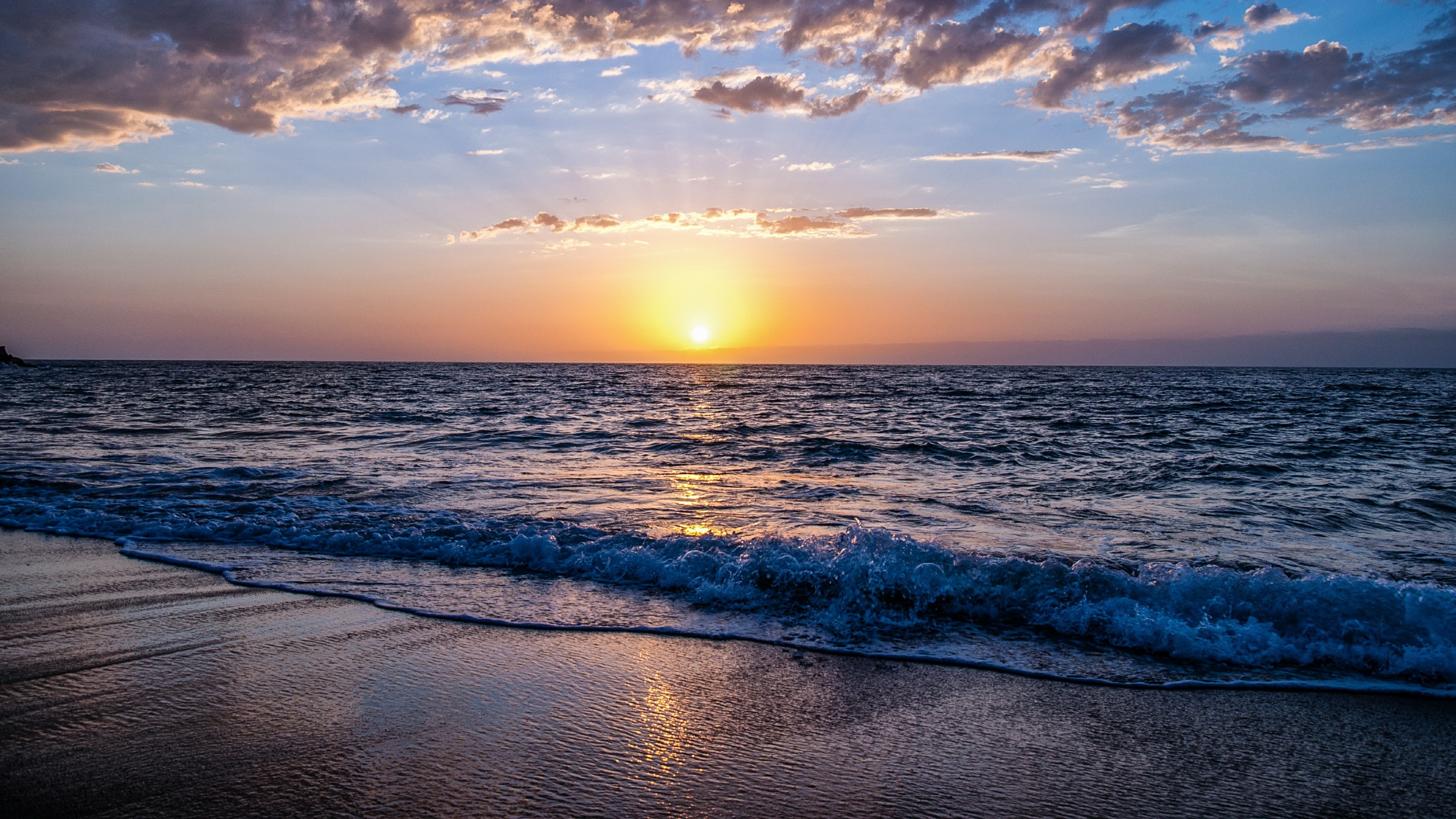evening, shore, sea, wave, calm, sun, 4K, horizon, ocean, cloud, sky, water, sandy beach, sunset, HD Wallpaper
