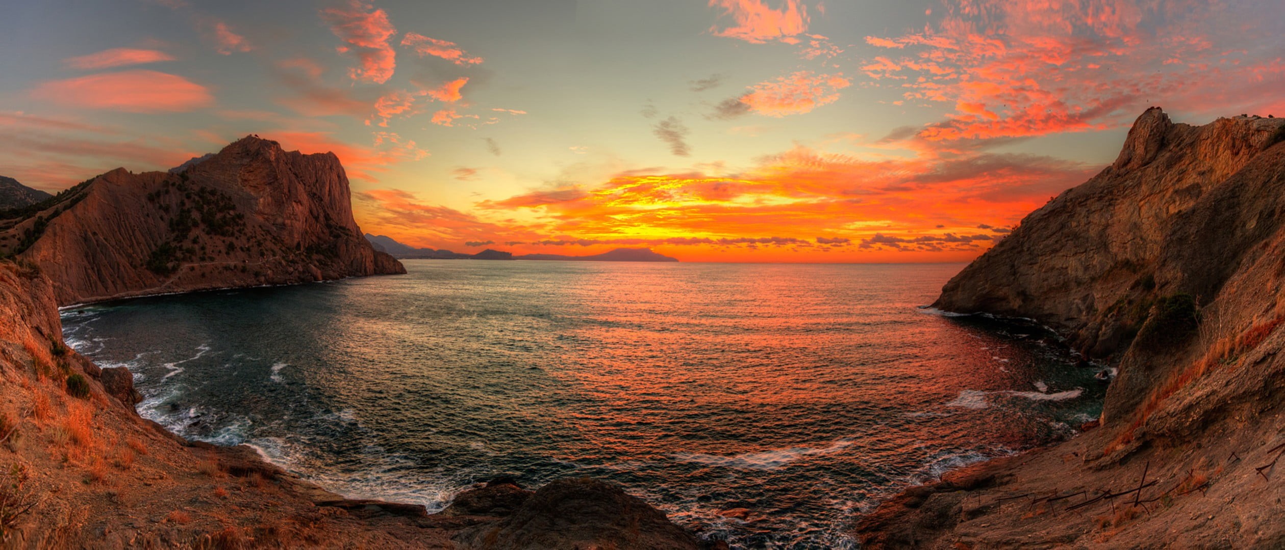 1080P, shore, sea, idyllic, rock, rock - object, sunset, coast, clouds, beach, land, orange color, beauty in nature, rocks, nature, rock formation, sky, HD Wallpaper