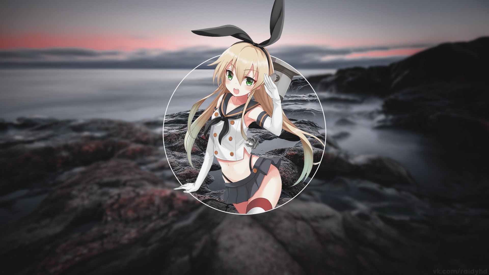 rock - object, hairstyle, beach, outdoors, sky, land, water, anime, sunset, focus on foreground, cloud - sky, digital composite, hair, representation, anime girls, HD Wallpaper