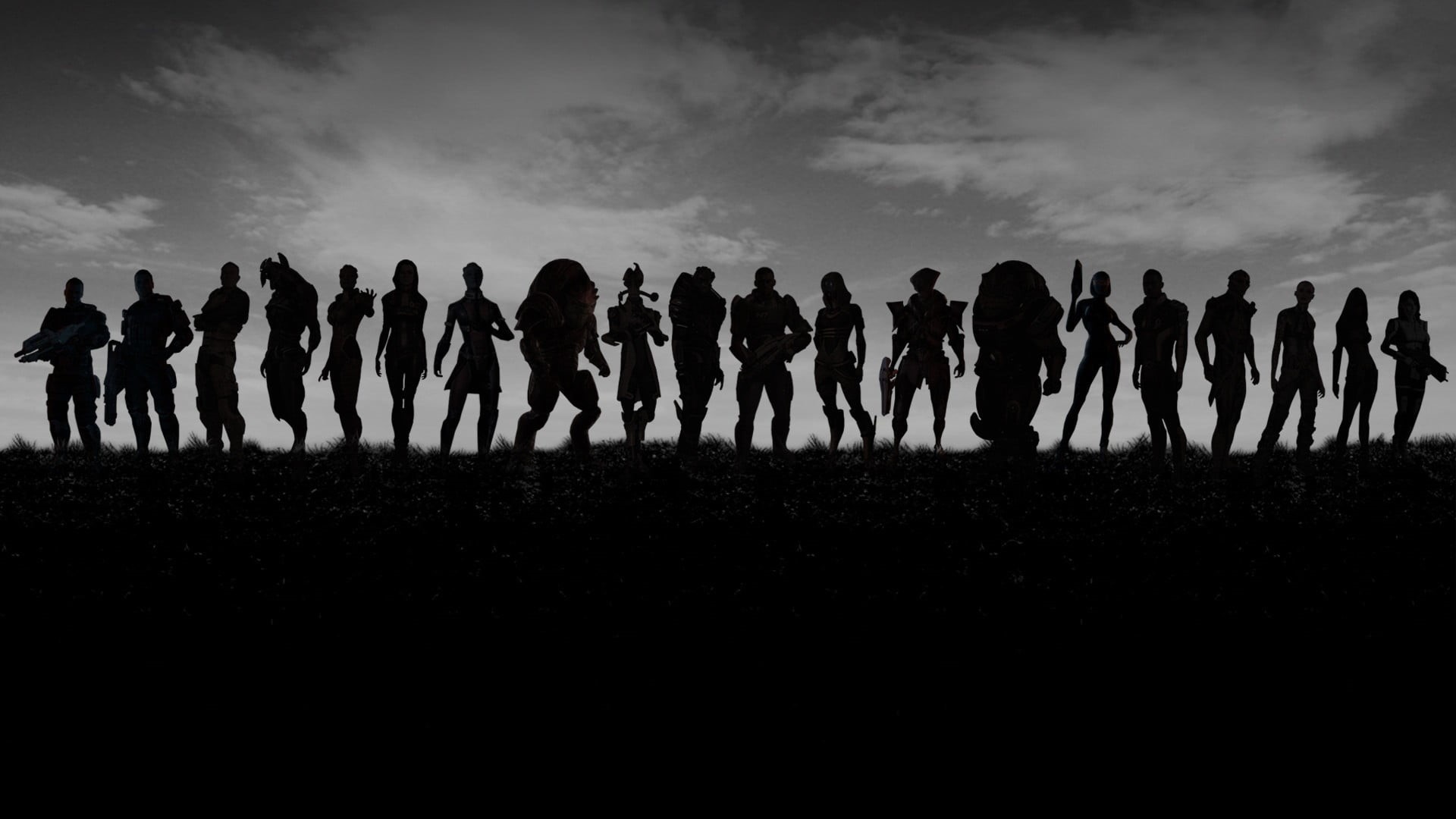 men, silhouette, Mass Effect 3, crowd, large group of people, justice, real people, 1080P, unity, video games, cloud - sky, black, Mass Effect, HD Wallpaper
