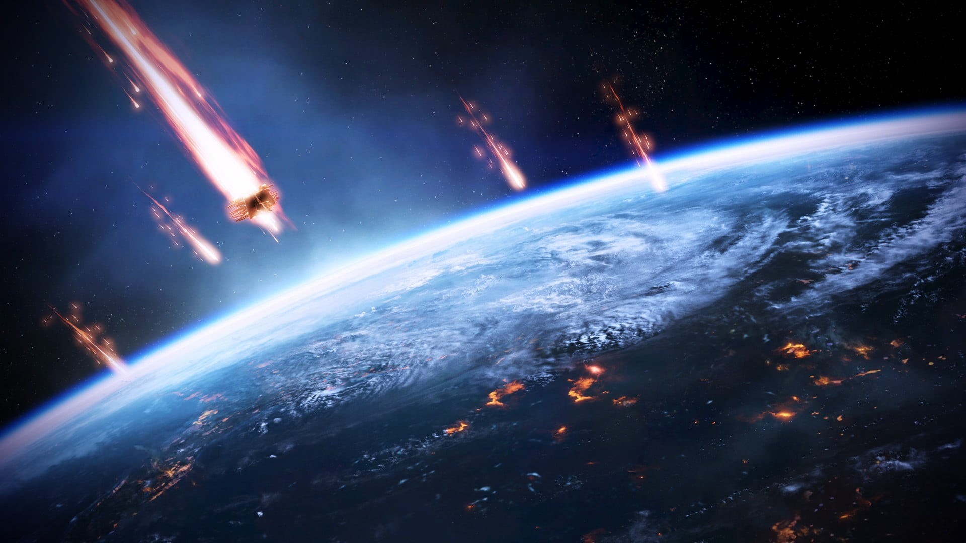 environment, satellite view, planet earth, exploration, astronomy, nature, space, meteor, video games, Mass Effect, glowing, globe - man made object, star - space, HD Wallpaper
