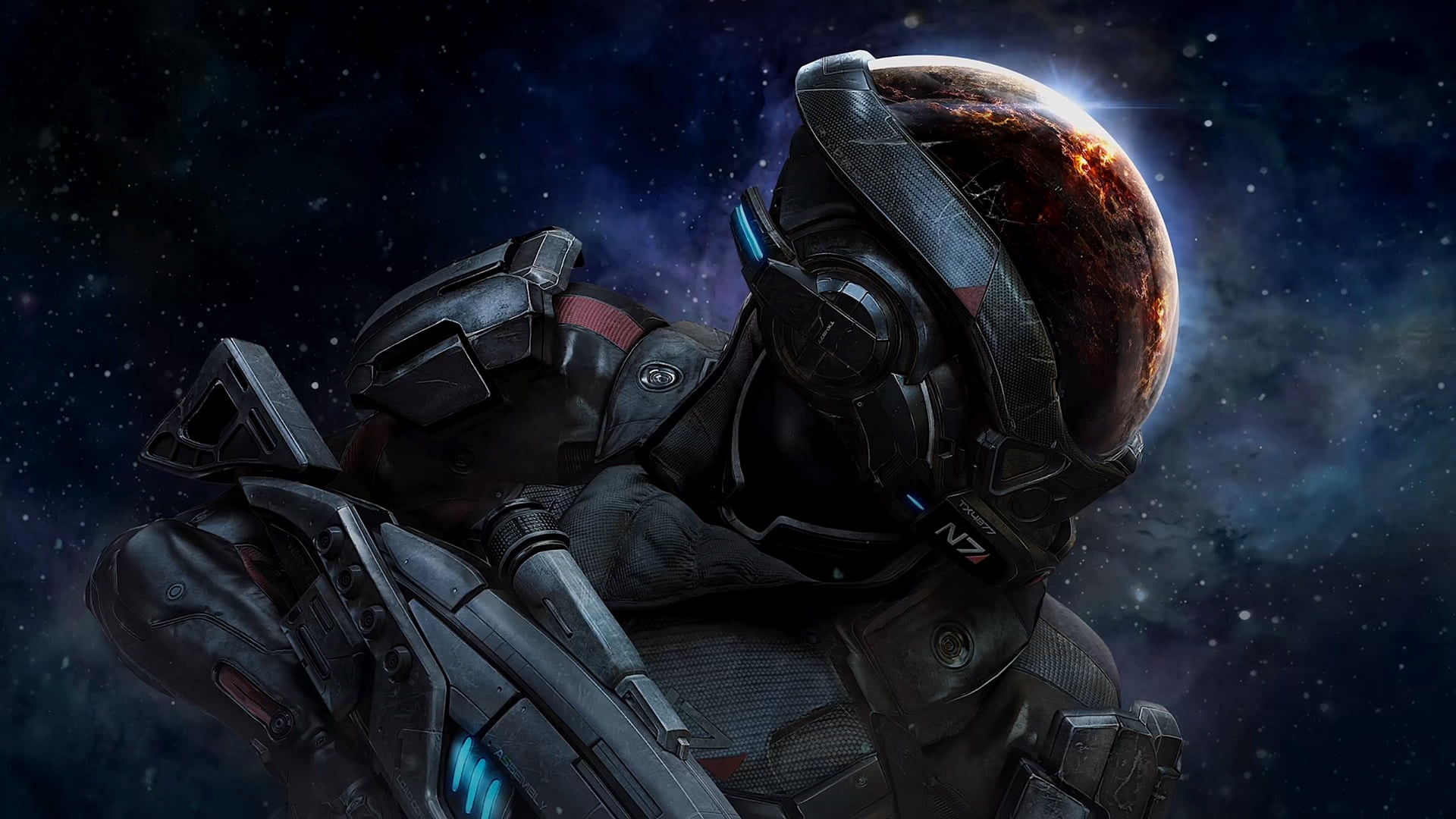 people, graphic, Mass Effect, robot, helmet, headwear, clothing, military, technology, video games, 1080P, protection, violence, sky, night, HD Wallpaper