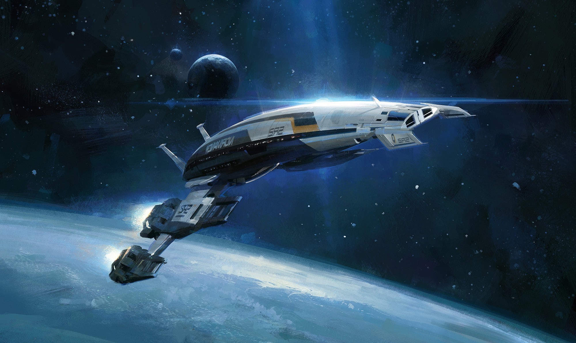 Normandy SR 2, motion, orbiting, aerospace industry, security, futuristic, outdoors, Mass Effect 2, flying, 1080P, military training, mode of transportation, HD Wallpaper