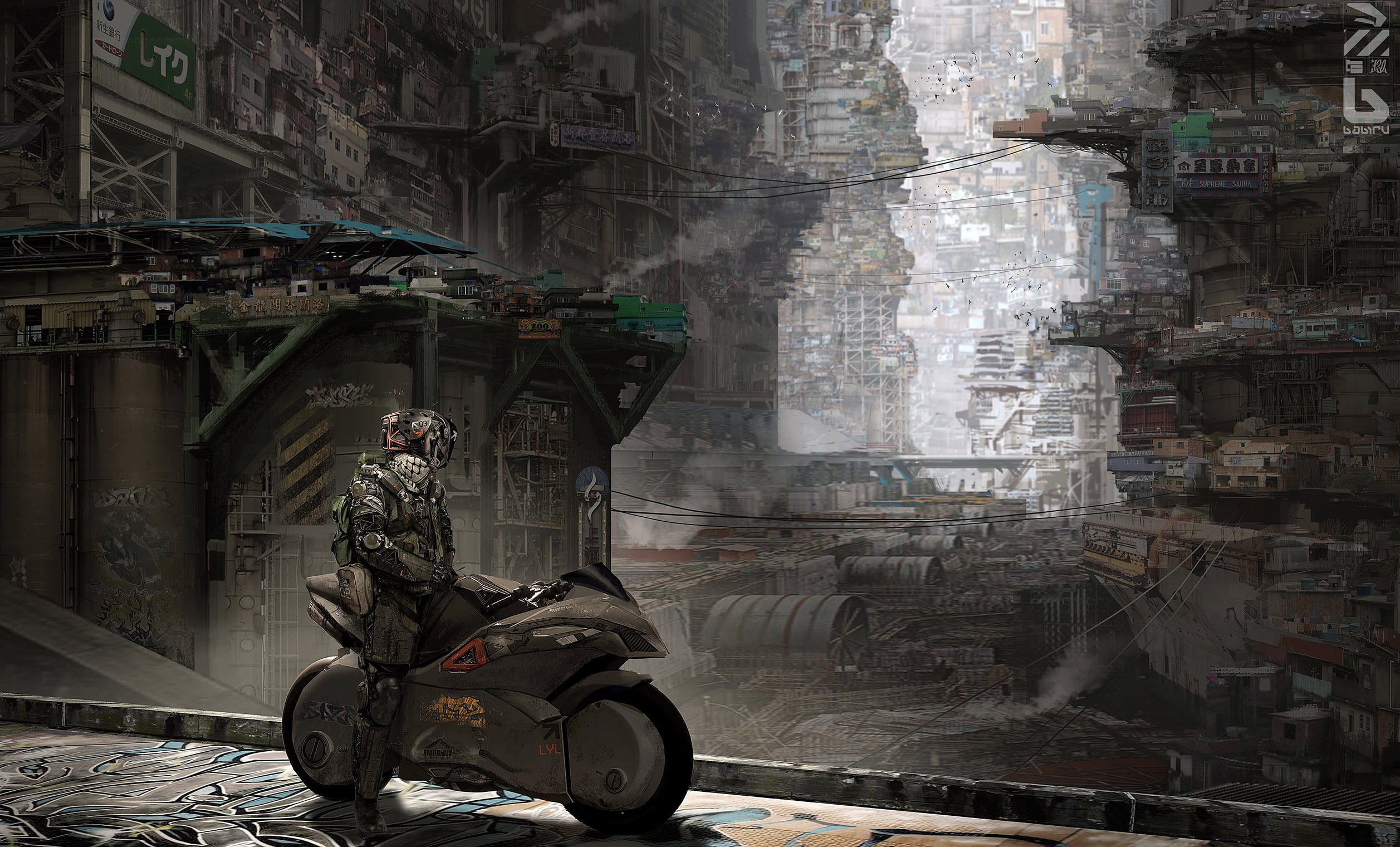 land vehicle, road, robot, scooter, transportation, day, slums, building exterior, the city, urban Scene, cyberpunk, motor vehicle, outdoors, place, mode of transportation, HD Wallpaper