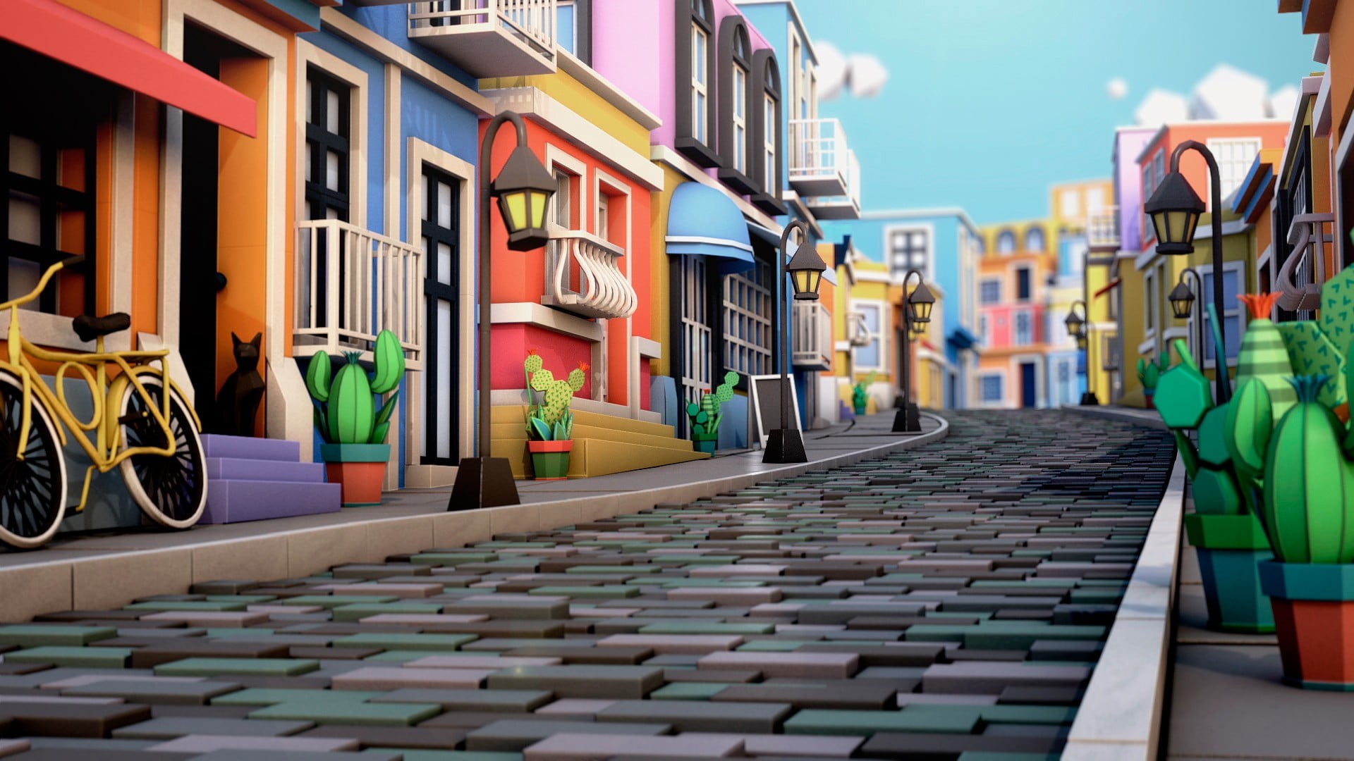 color, house, houses, footpath, assorted, Cinema 4D, 1080P, direction, mode of transportation, street, building, city, large group of objects, cactus, HD Wallpaper