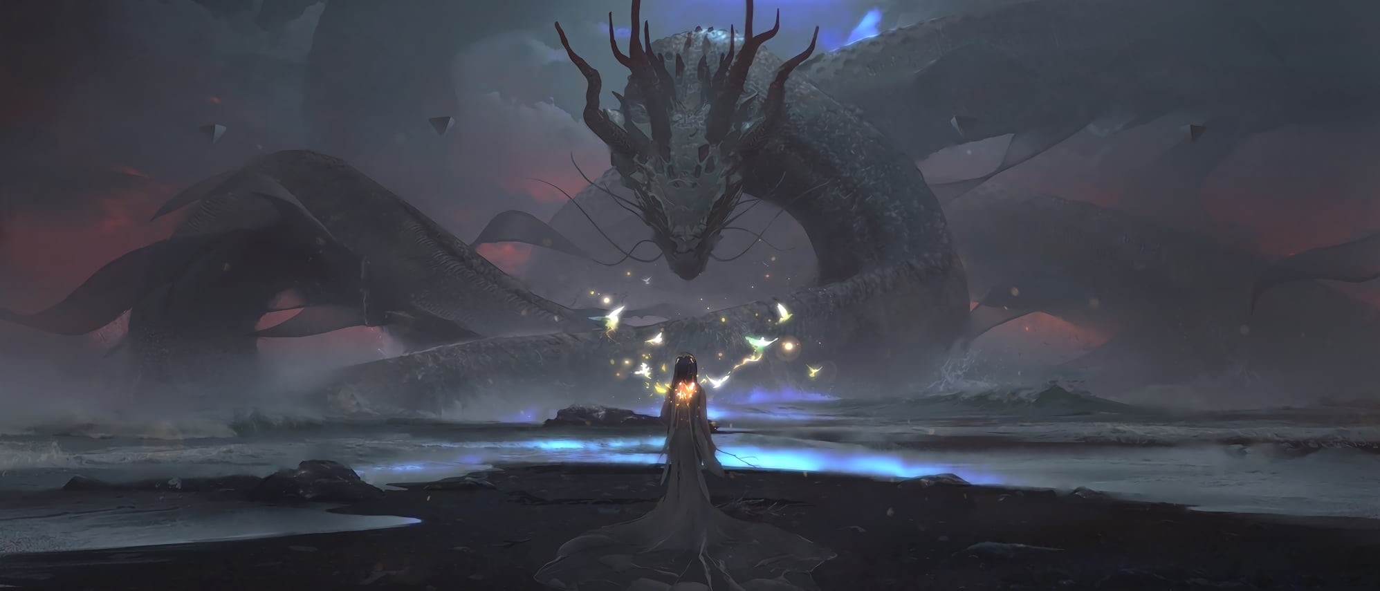 fantasy art, night, no people, ice, waves, sea, clouds, artwork, mythology, sea monsters, magic, cold - Temperature, horns, plant, heat - temperature, nature, HD Wallpaper