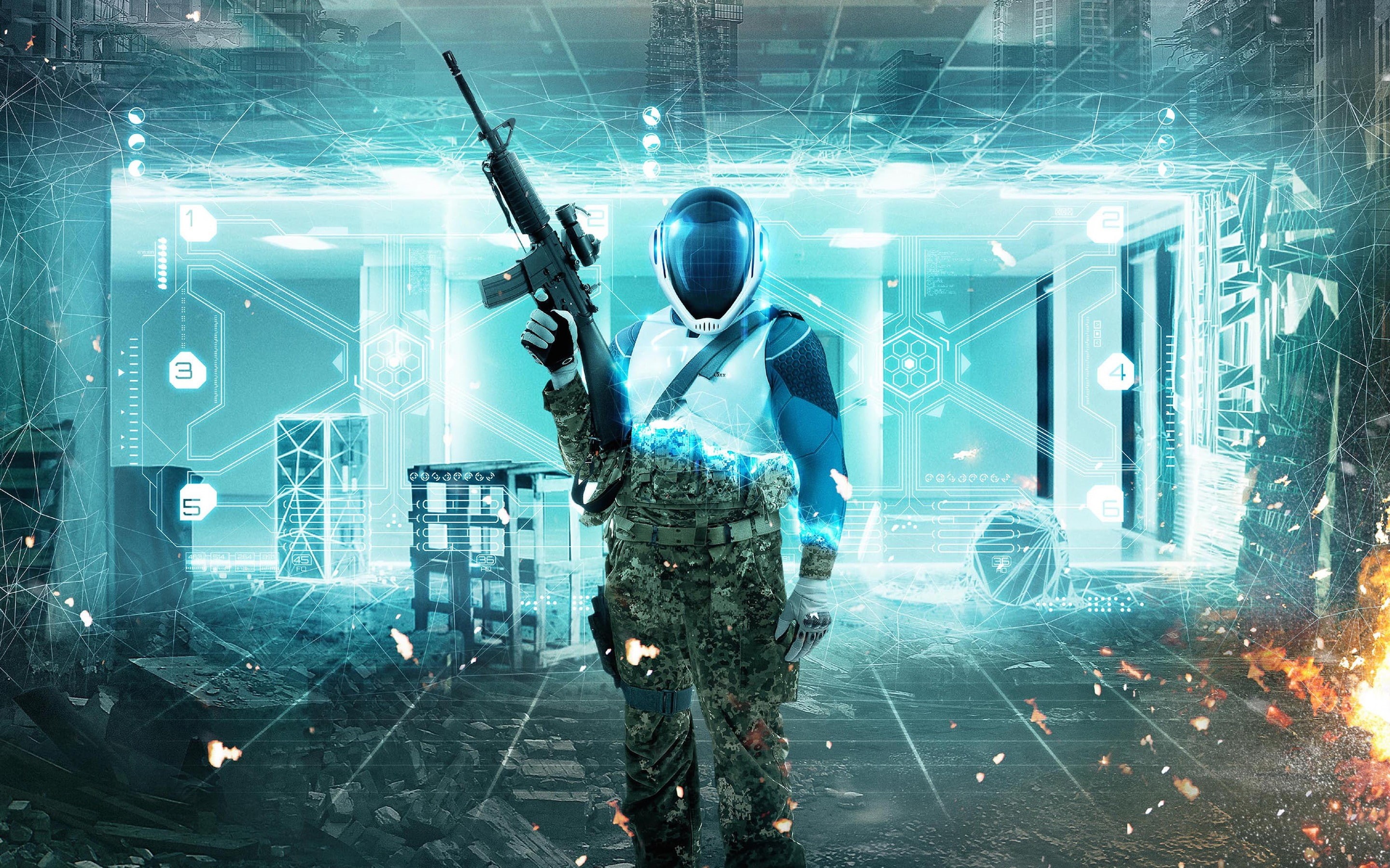 headwear, 2K, digital composite, men, clothing, connection, work helmet, night, game, military, standing, adult, protection, illuminated, cyberspace, elite, HD Wallpaper