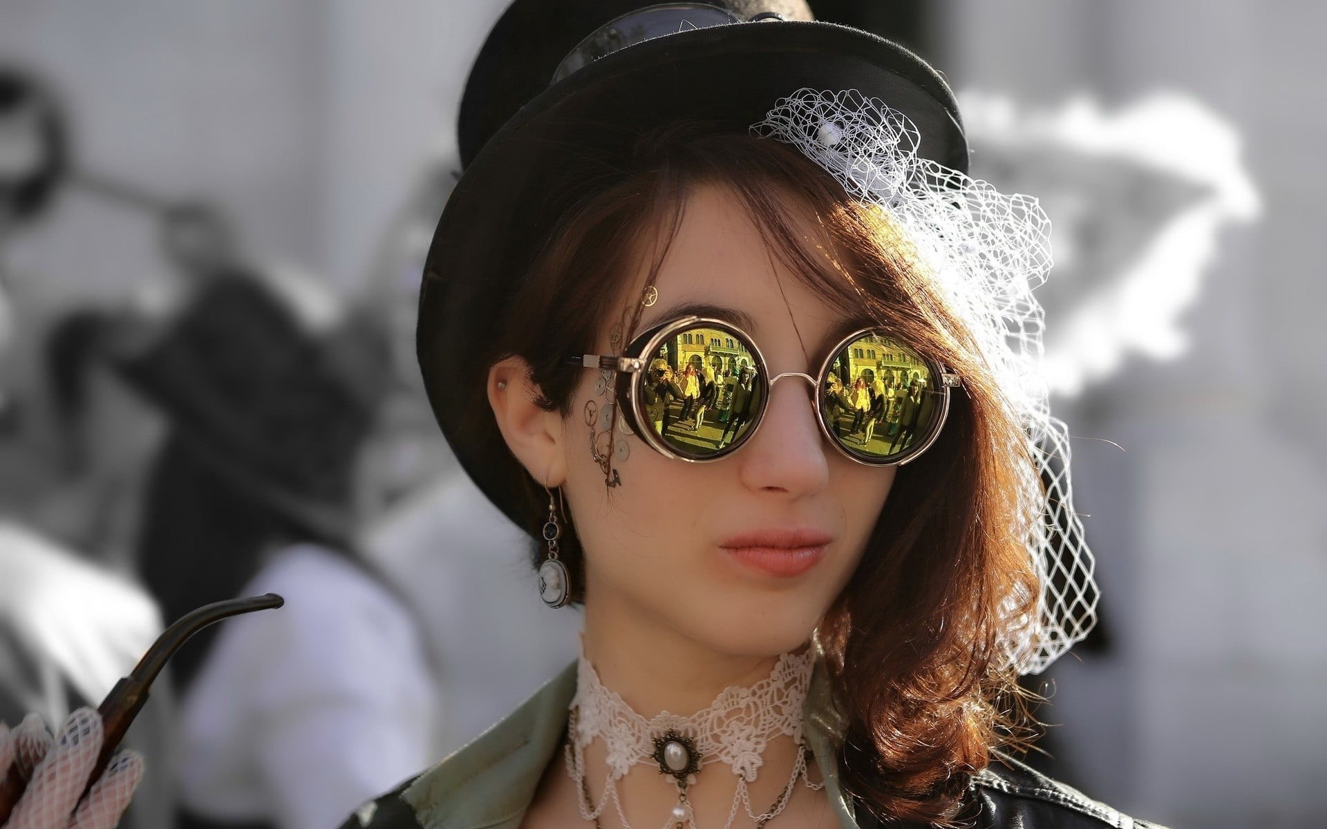 hat, young women, headshot, lifestyles, young adult, front view, clothing, steampunk, 1080P, human face, looking at camera, beautiful woman, outdoors, HD Wallpaper