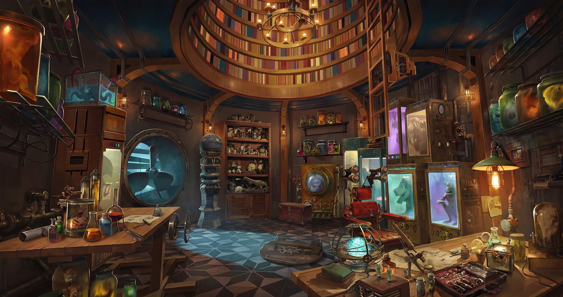 room, steampunk, 1080P, artwork, laboratories, fantasy art, HD Wallpaper