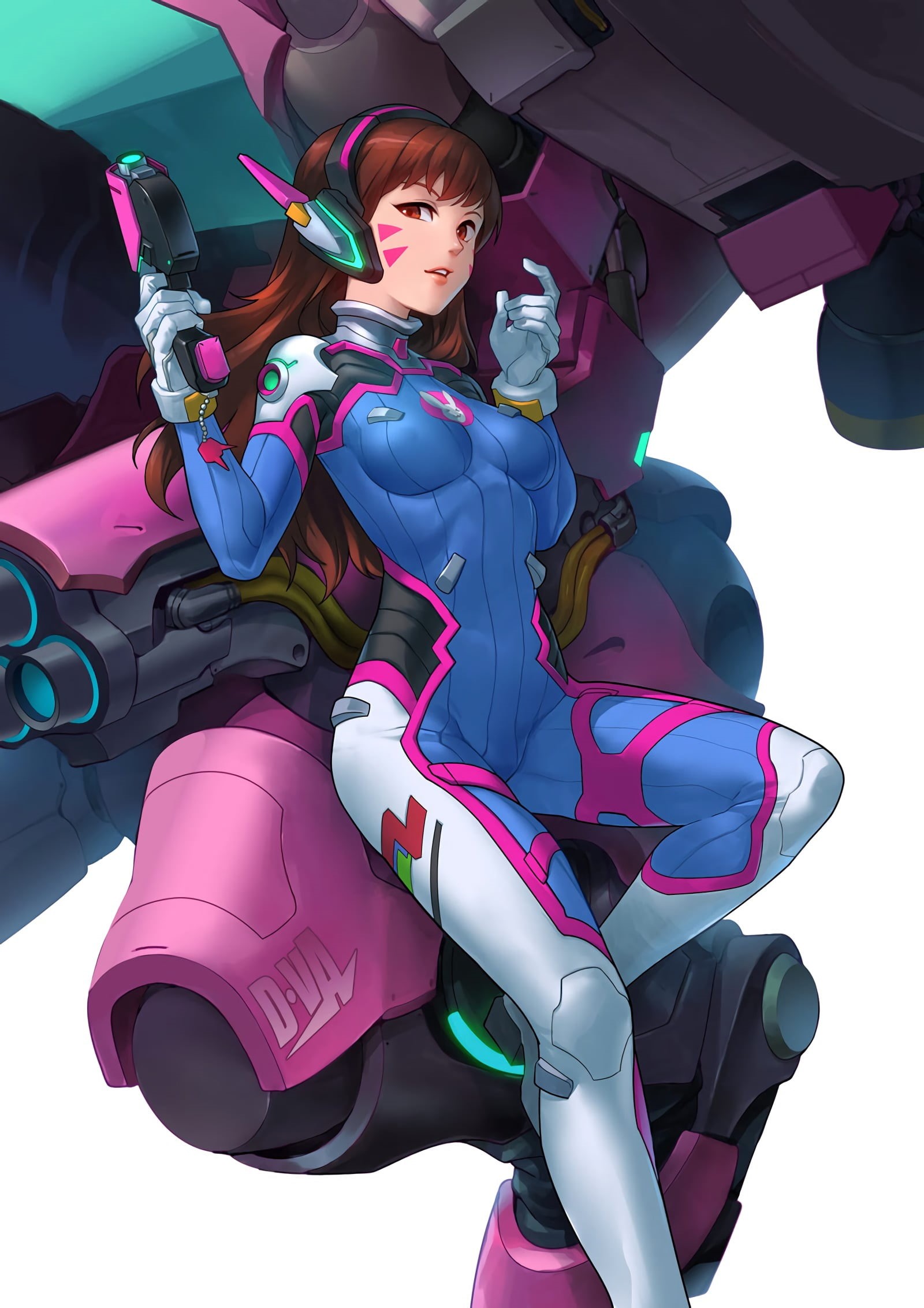brunette, young adult, indoors, tight clothing, transportation, long hair, hairstyle, purple, full length, Overwatch, D.Va (Overwatch), 1080P, portrait display, Phone HD Wallpaper