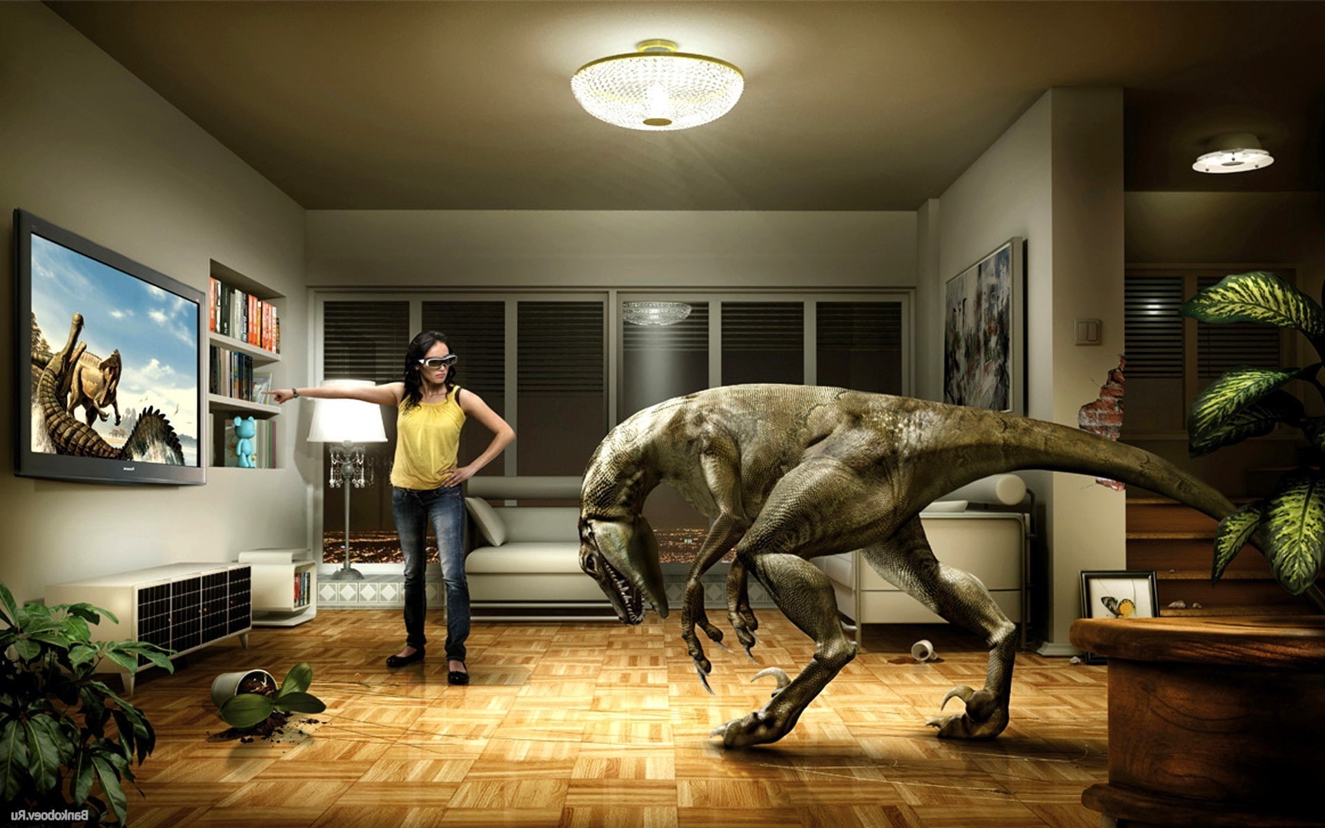 dinosaurs room tv virtual reality headsets humor video games meta, 1080P, HD Wallpaper