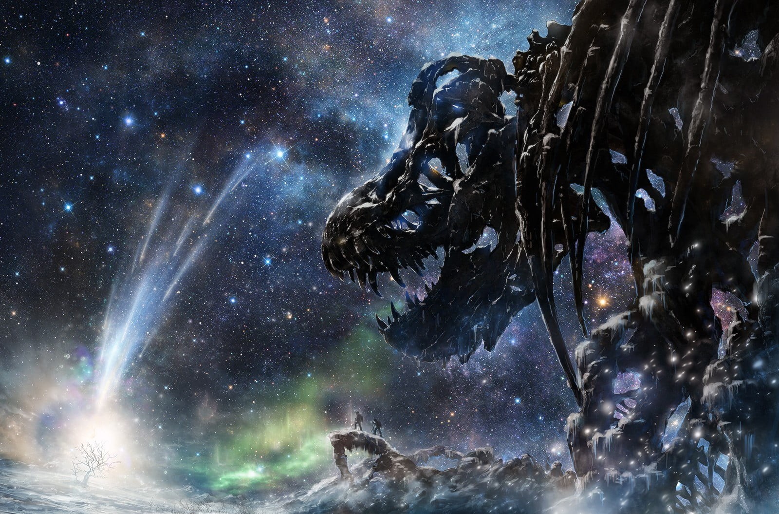 sky, illuminated, space, t, dinosaurs, cloud - sky, no people, astronomy, fantasy art, rex, bone, beauty in nature, galaxy, outdoors, nature, HD Wallpaper