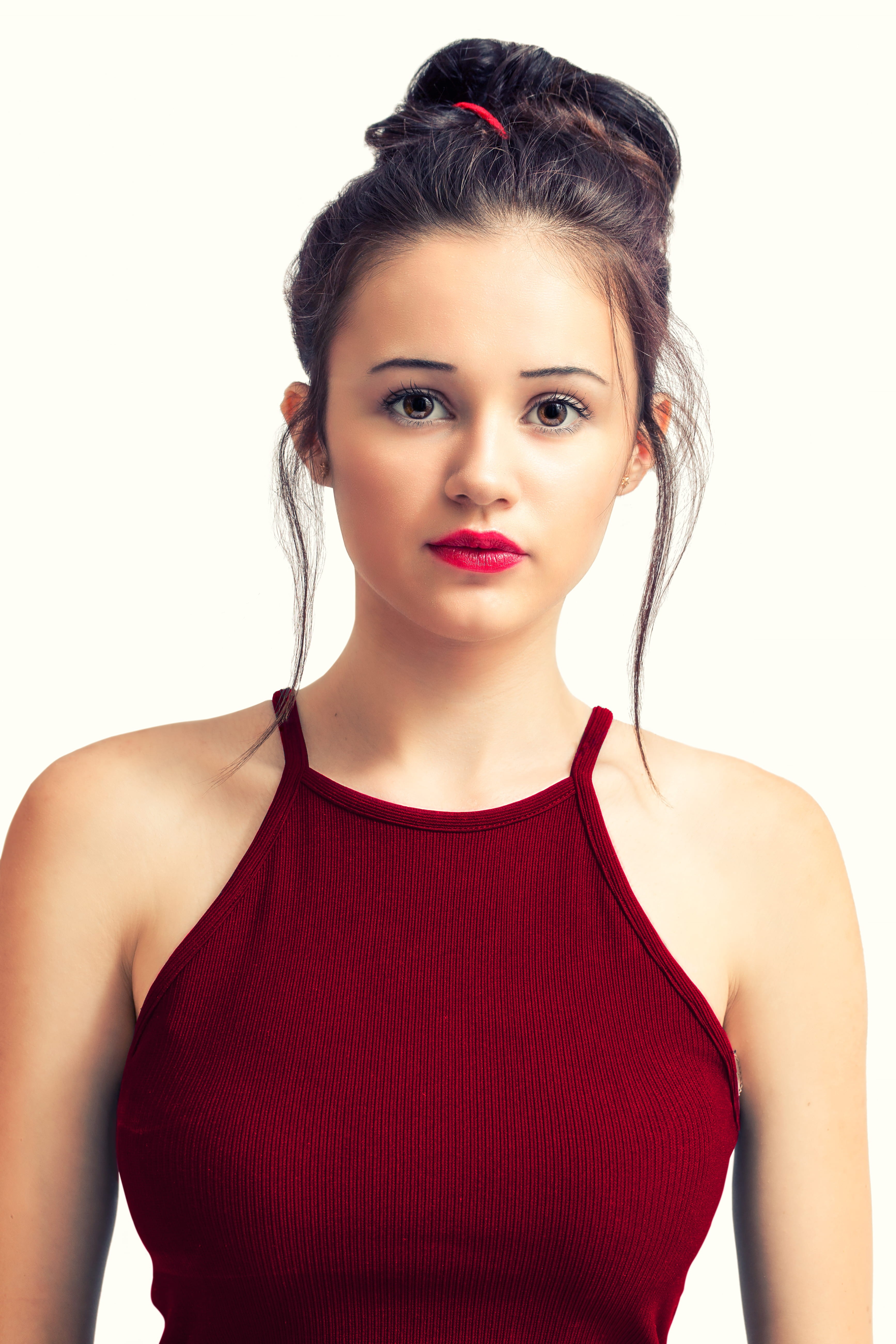 standing, skin, photoshoot, adolescent, looking at camera, beautiful woman, beautiful, wear, tank, teenager, pretty, looking, hairstyle, 5K, casual, studio shot, Phone HD Wallpaper