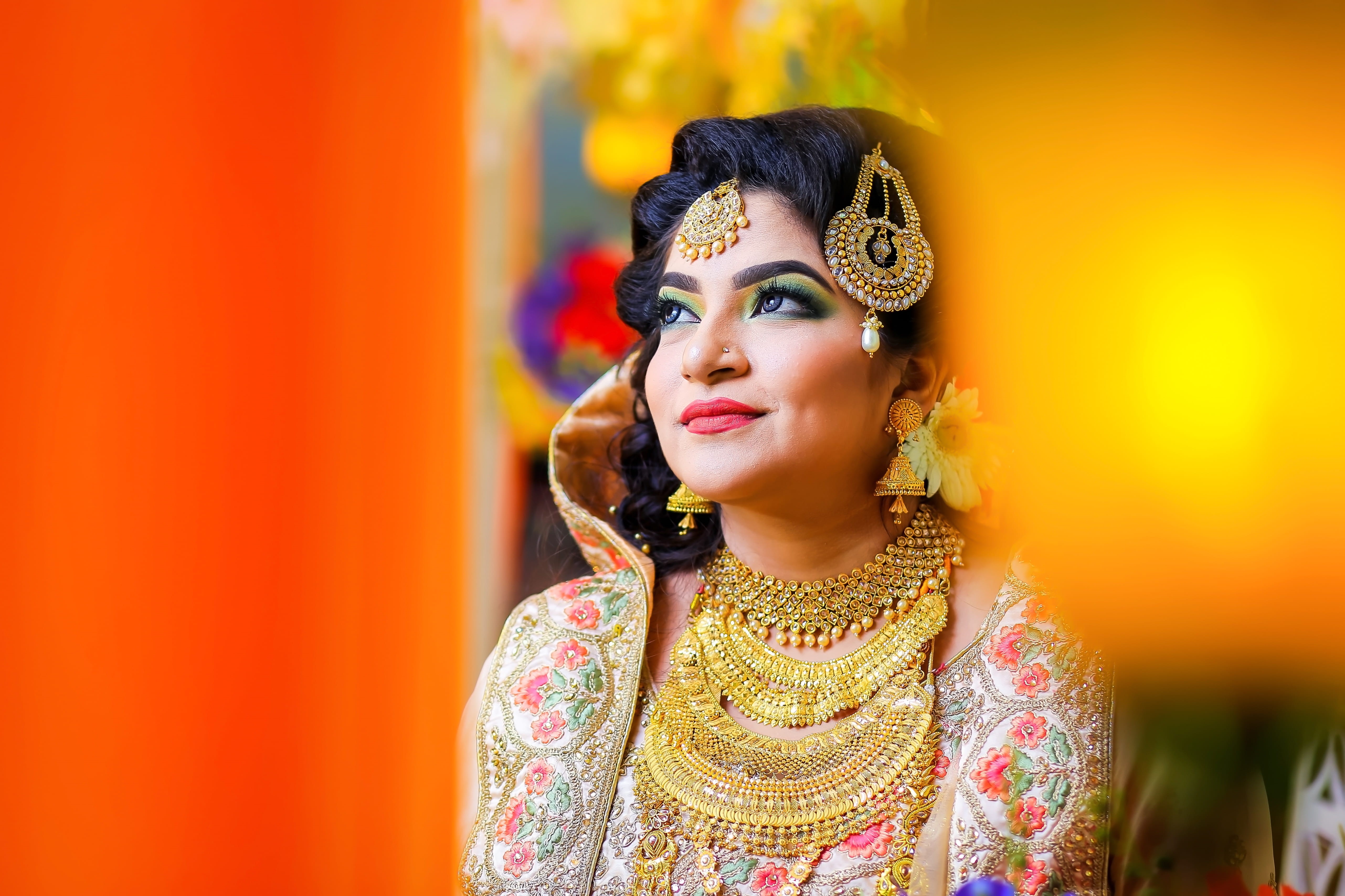 wedding day, marriage, facial expression, beautiful woman, beautiful, celebration, necklace, veil, photographer, henna, religion, adult, indoors, glamour, HD Wallpaper