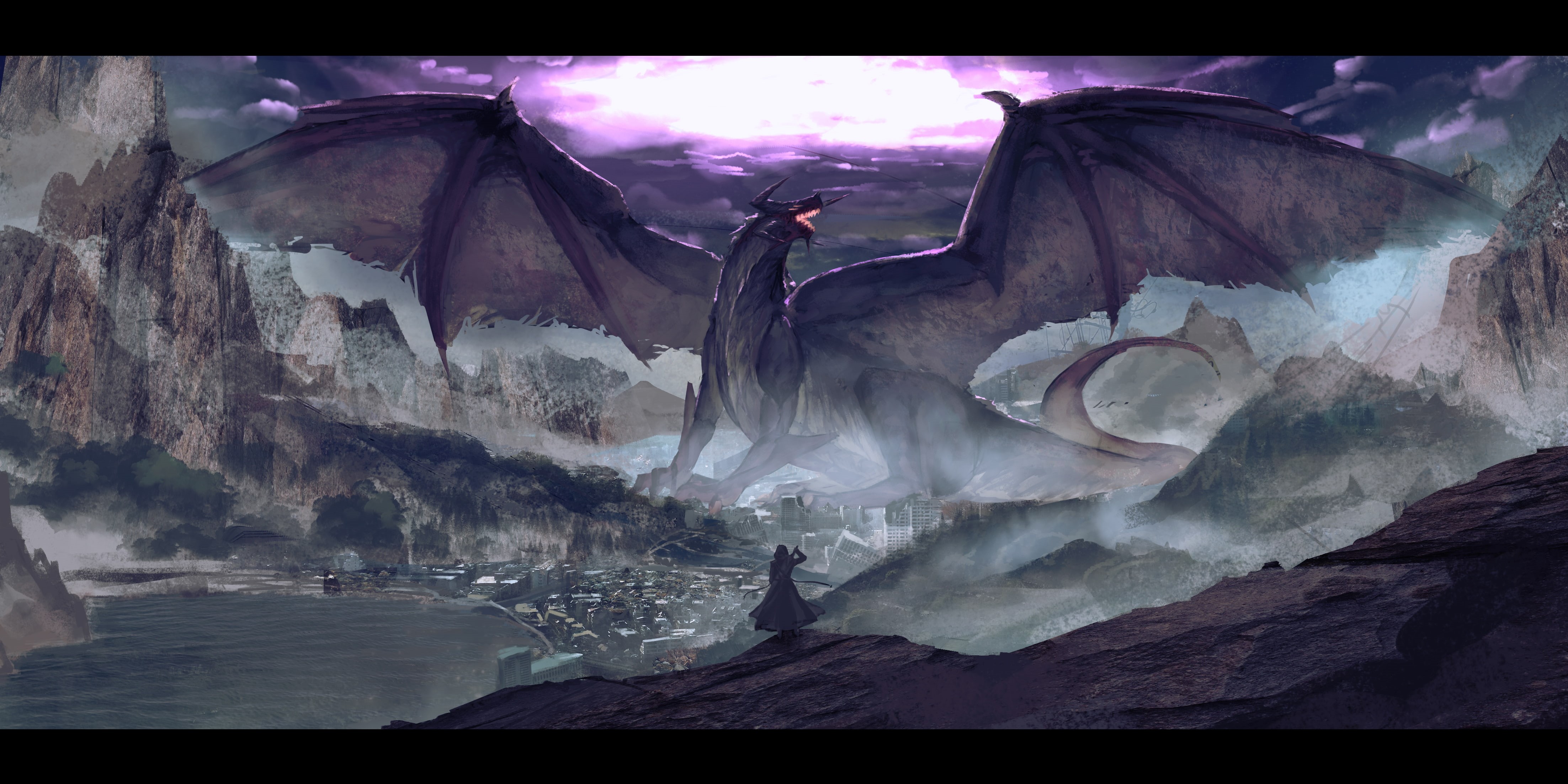 Rolua Noa, mountains, illustration, destruction, 2D, warrior, creature, 4K, artwork, apocalyptic, sword, digital art, dragon, fantasy art, wings, HD Wallpaper