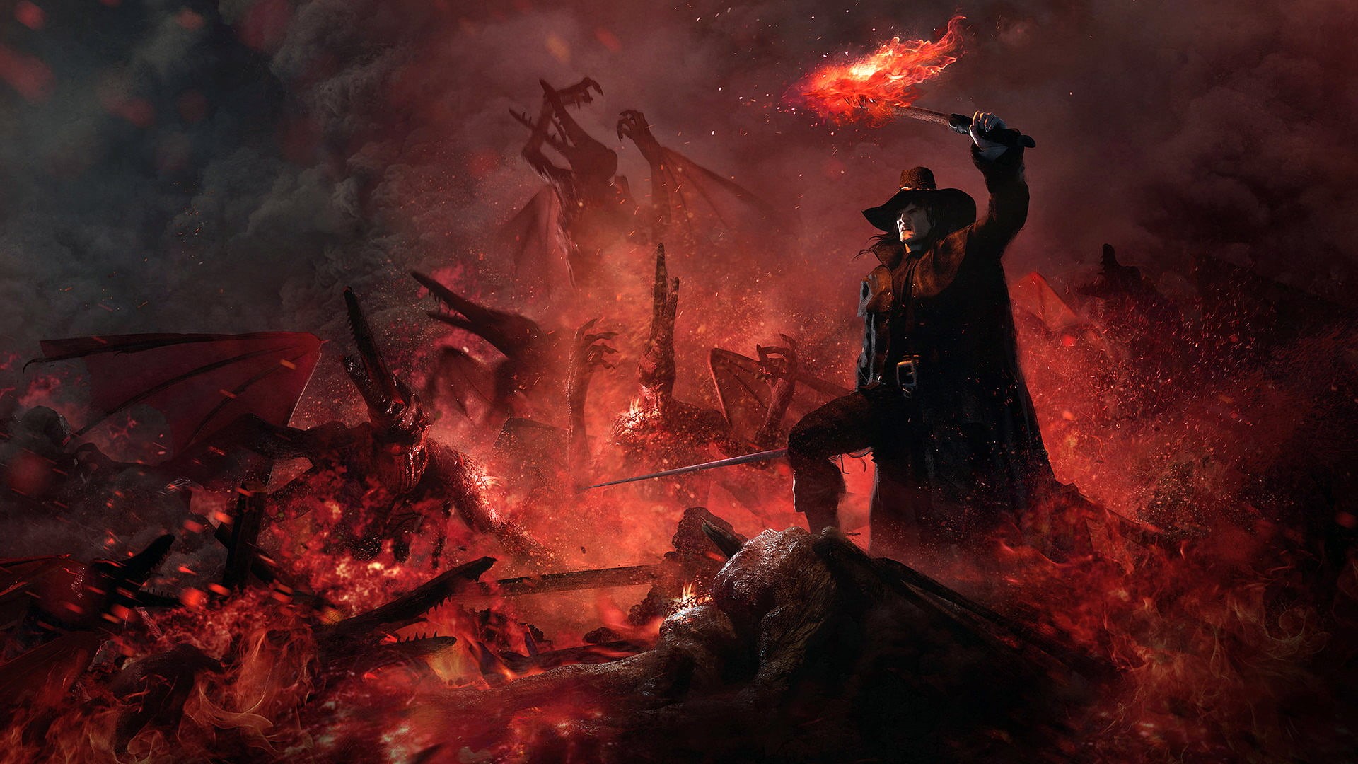 Guillem H. Pongiluppi, torches, men, fantasy art, artwork, wings, 1080P, standing, sword, digital art, fire, red light, demon, smoke, hat, HD Wallpaper