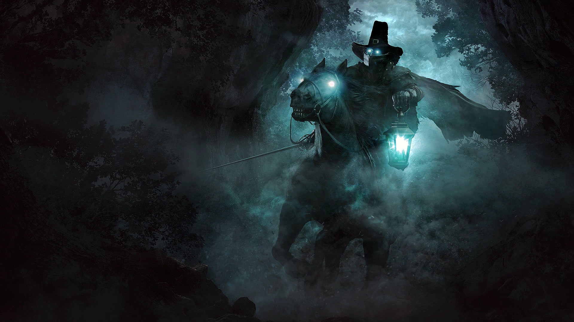 night, fantasy art, cape, horse riding, sword, lantern, glowing eyes, 1080P, digital art, Guillem H. Pongiluppi, hat, artwork, HD Wallpaper