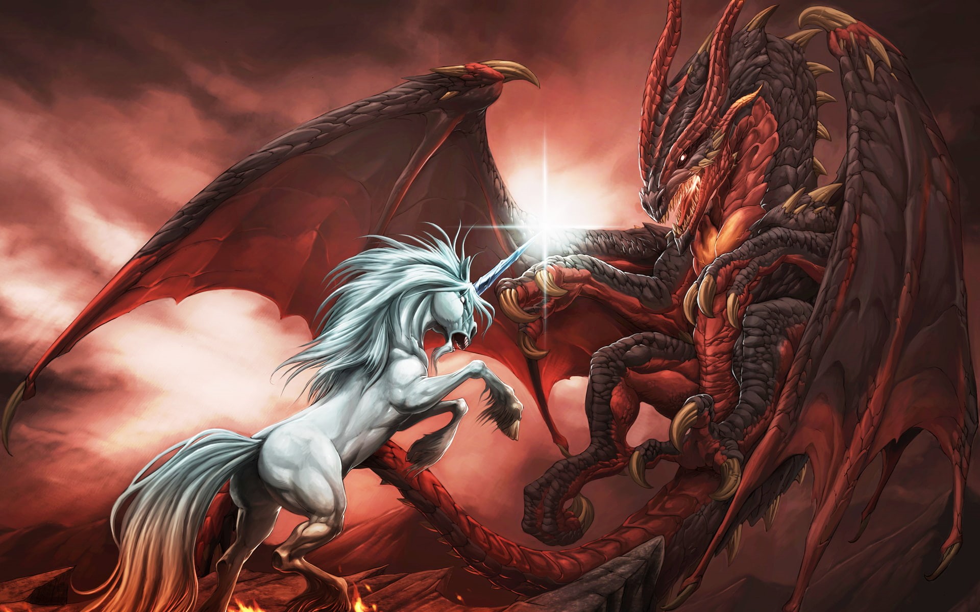 situation, CG, war, red, sky, art, Cloud, digital, Unicorn, fire, mountains, animals, Magic, Mane, wings, fight, flames, fur, Dragons, 1080P, paintings, HD Wallpaper