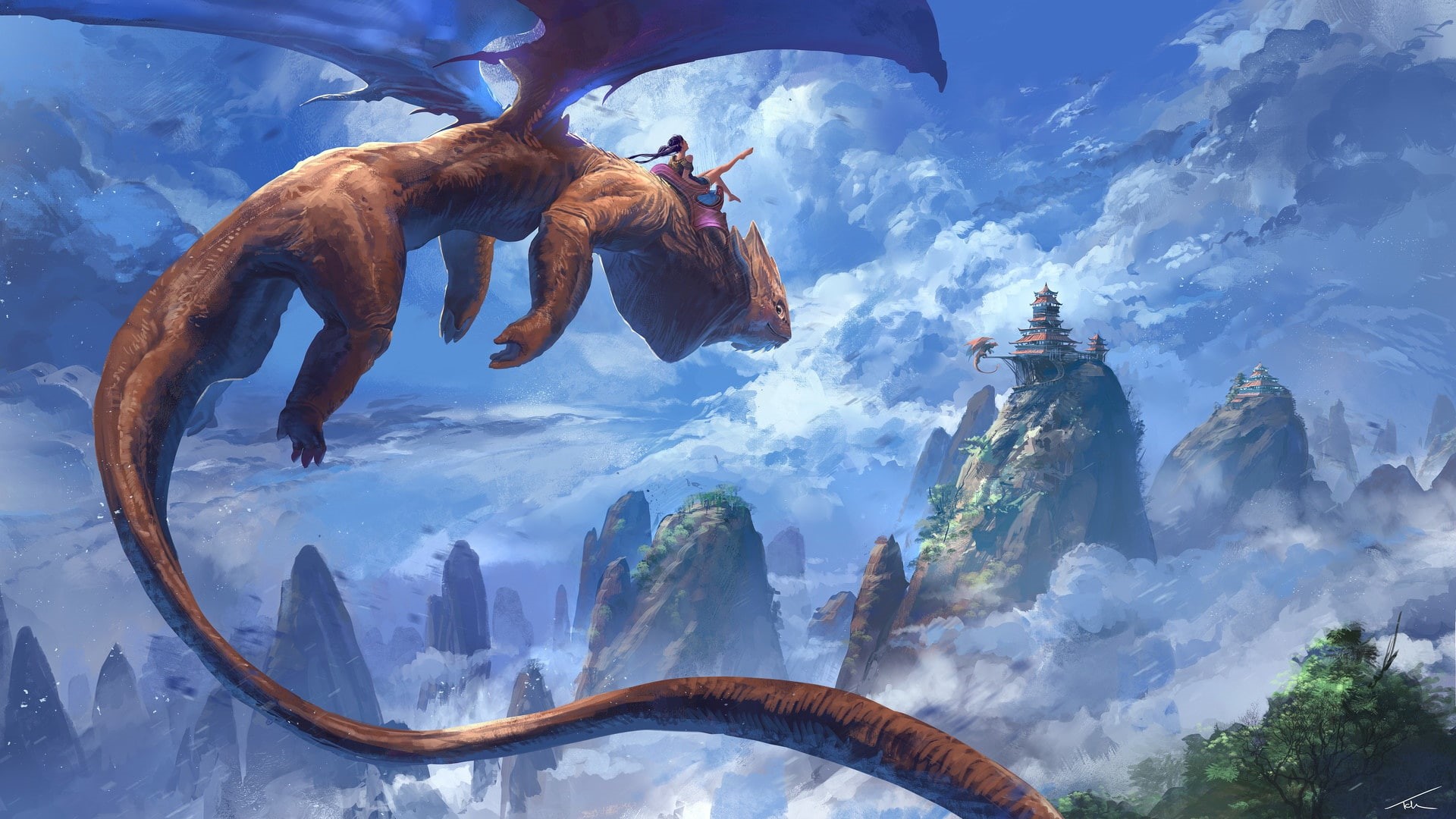 digital art, flying, Thomas Chamberlain - Keen, fantasy art, dragon, artwork, peaks, sky, 1080P, painting, clouds, fantasy, castle, girl, mountains, wings, HD Wallpaper