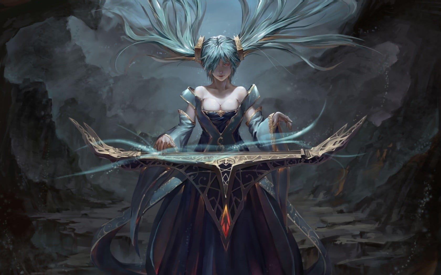 fantasy art, nature, front view, beautiful woman, legends, standing, beauty, three quarter length, Sona (League of Legends), cave, looking at camera, etwahl, HD Wallpaper