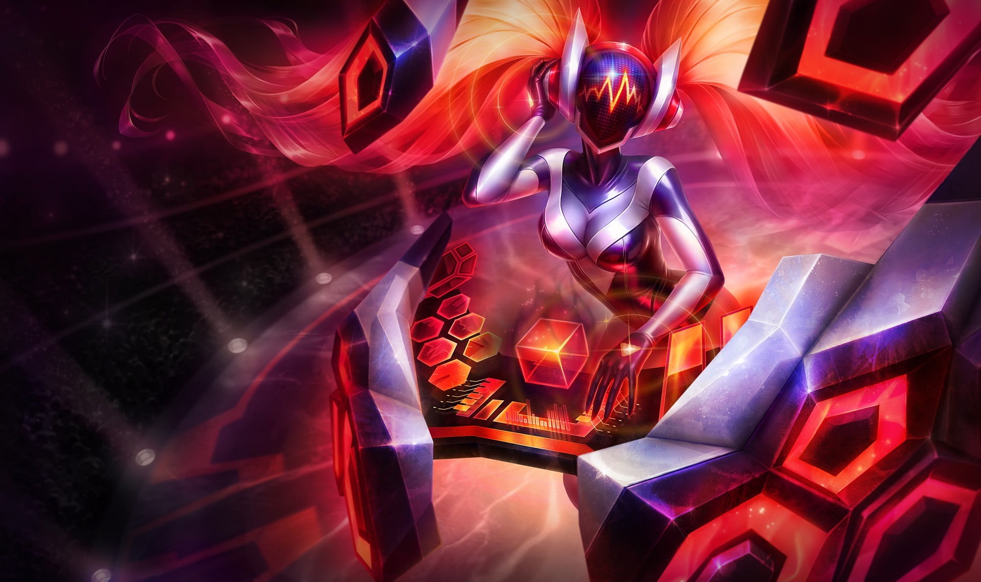 motion, 1080P, long exposure, no people, anime, female likeness, indoors, purple, representation, pattern, DJ Sona, creativity, sculpture, League of Legends, HD Wallpaper